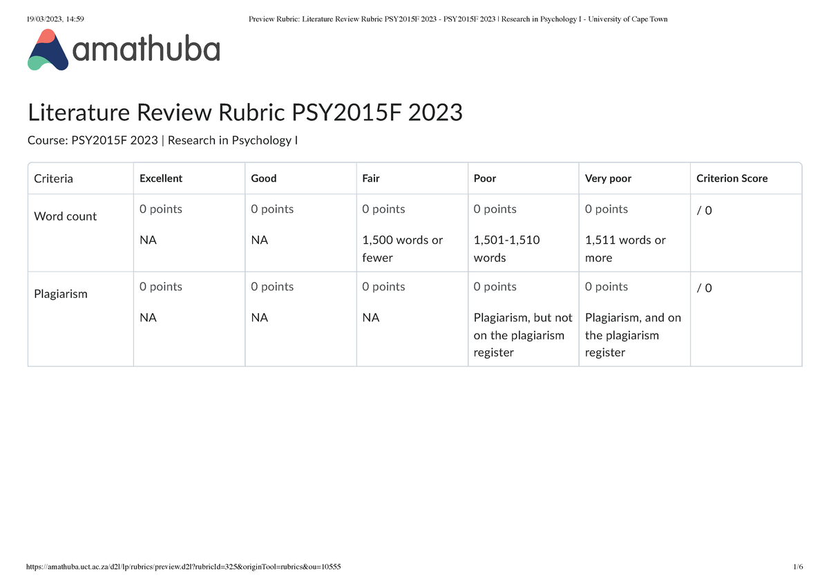 literature review assignment rubric