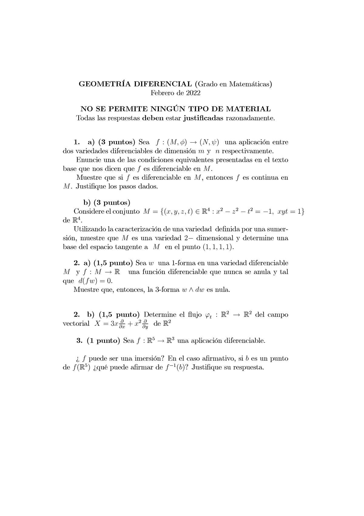 Febrero Examen Geometr A Diferencial Grado En Matemticas Febrero De No Se Permite