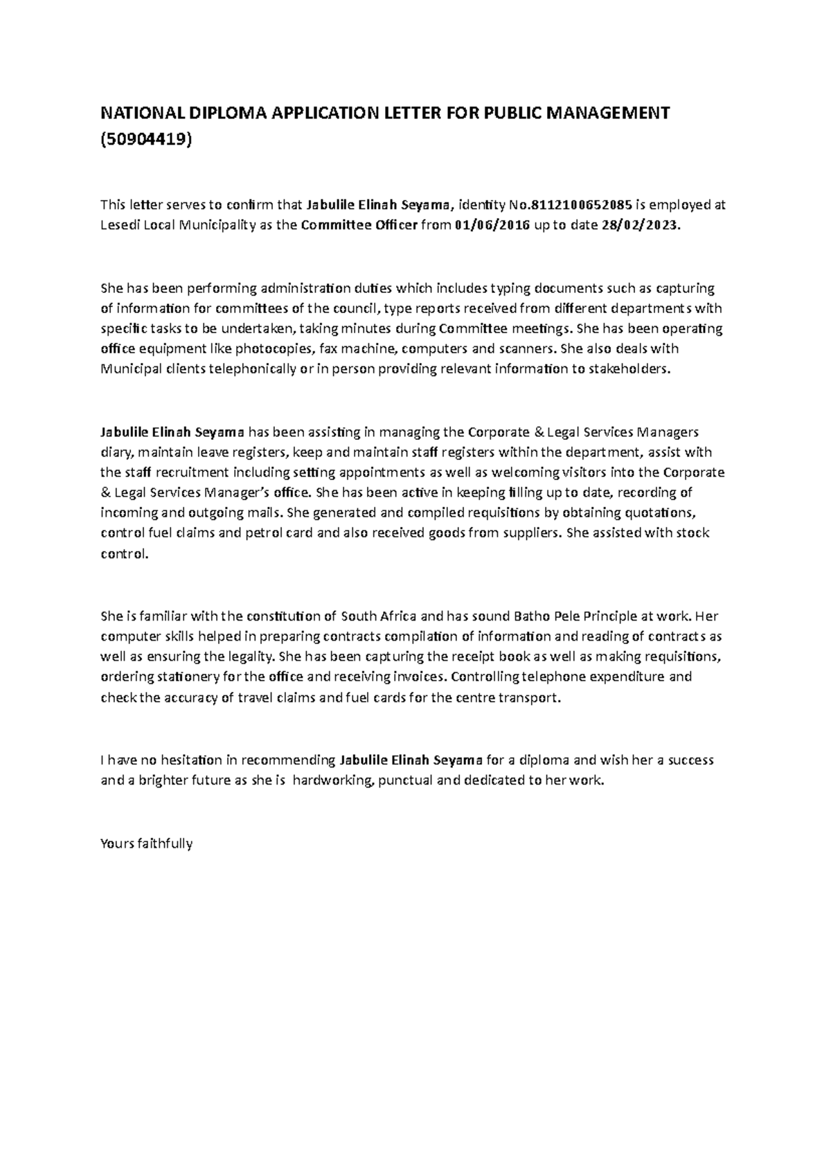 National Diploma Application Letter FOR Public Management NATIONAL 