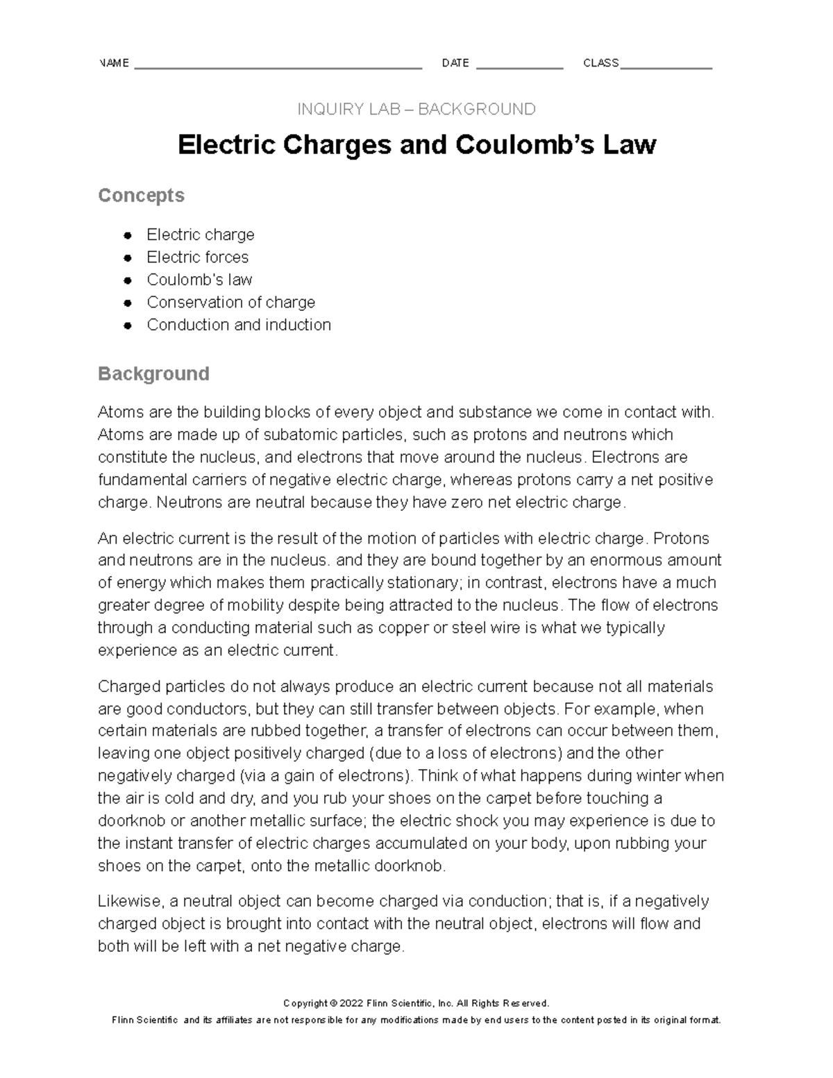 Lab Background Electric Charges and Coulombs Law - NAME DATE CLASS ...