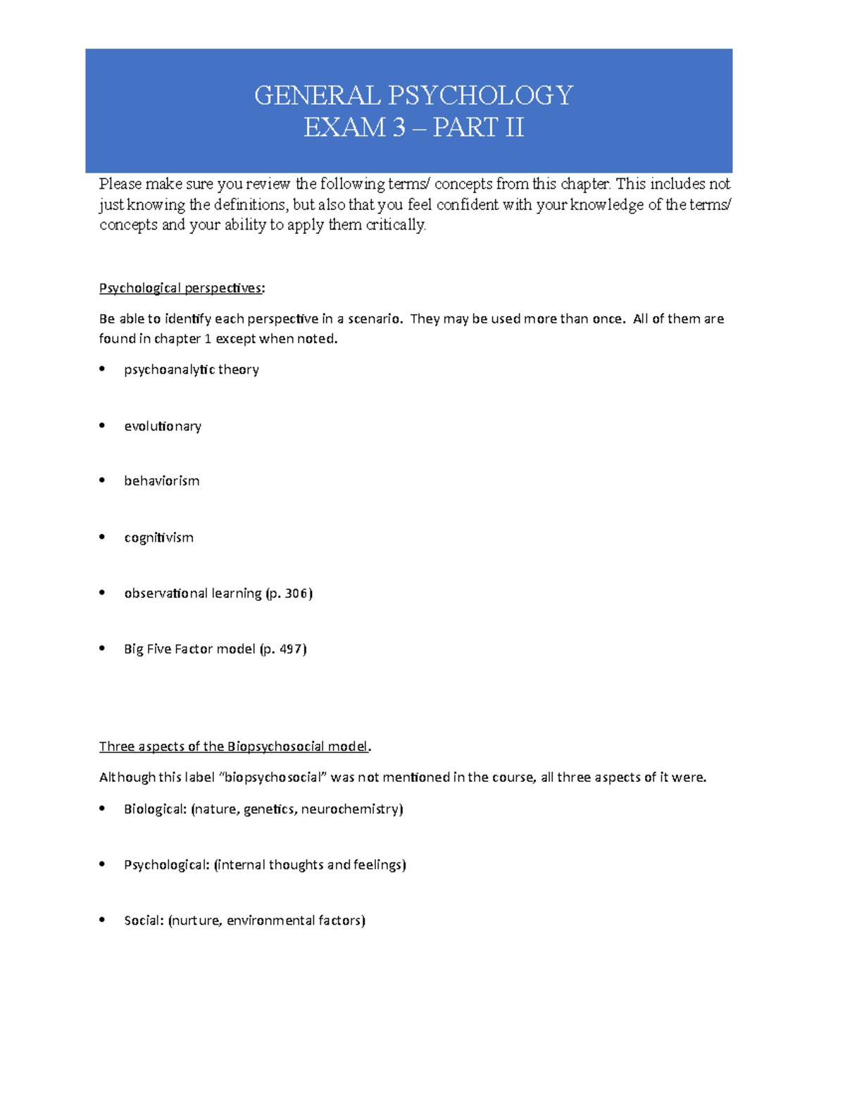 Exam 3 - Part 2 Notes - Shawn Fox, Psychology perspectives and ...