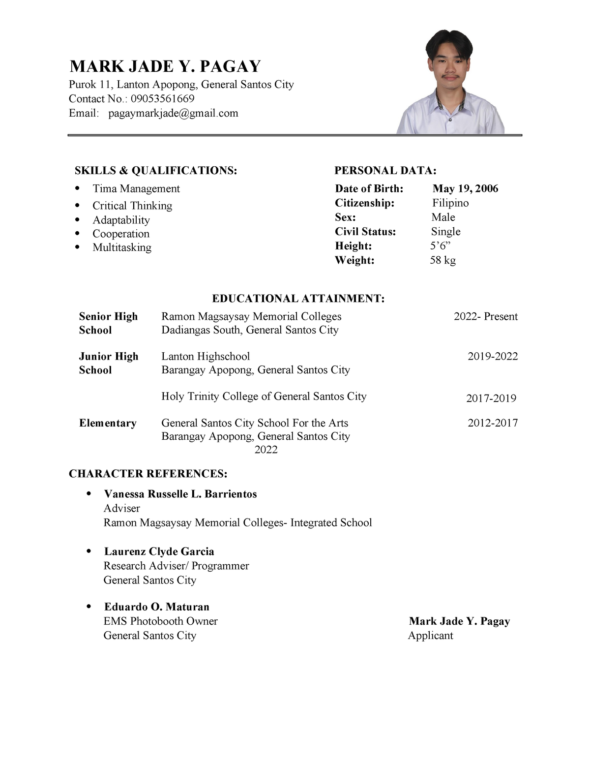 Format-resume-reference - MARK JADE Y. PAGAY Purok 11, Lanton Apopong ...