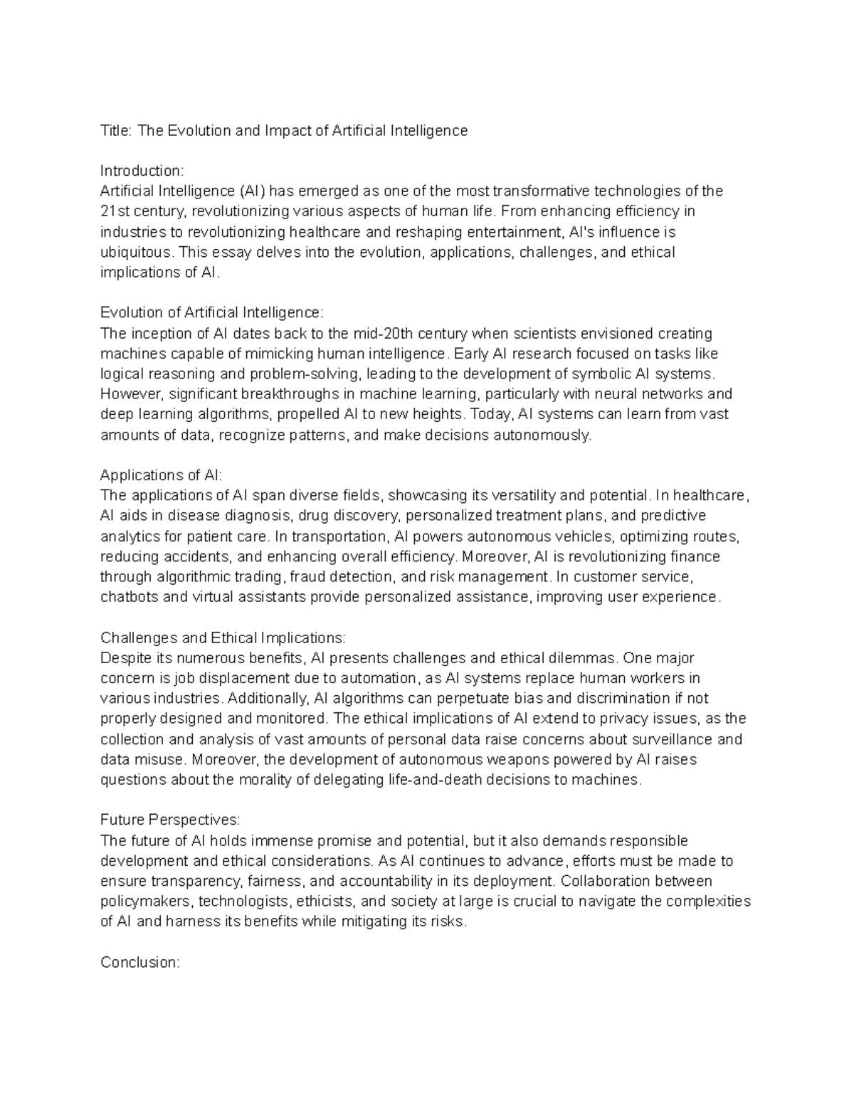 Title The Evolution and Impact of Artificial Intelligence - Title: The ...