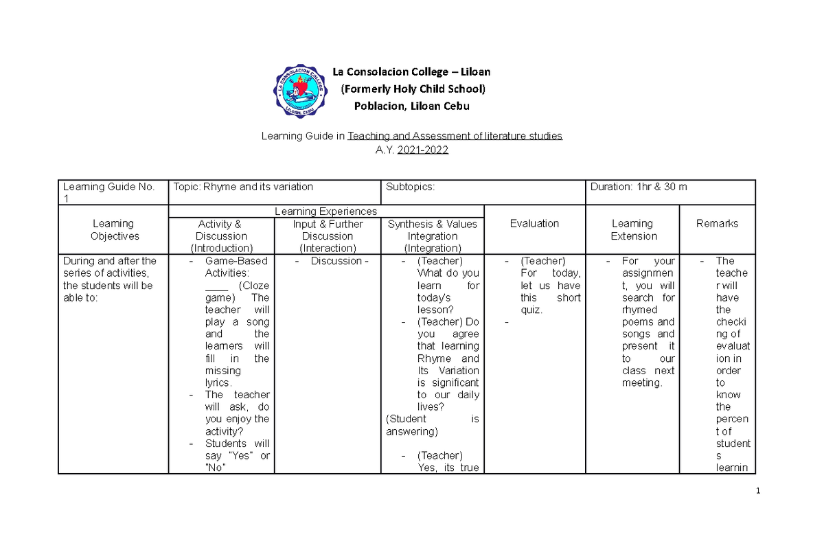 Ken Pepito 3I Lesson PLAN 1 - La Consolacion College – Liloan (Formerly ...