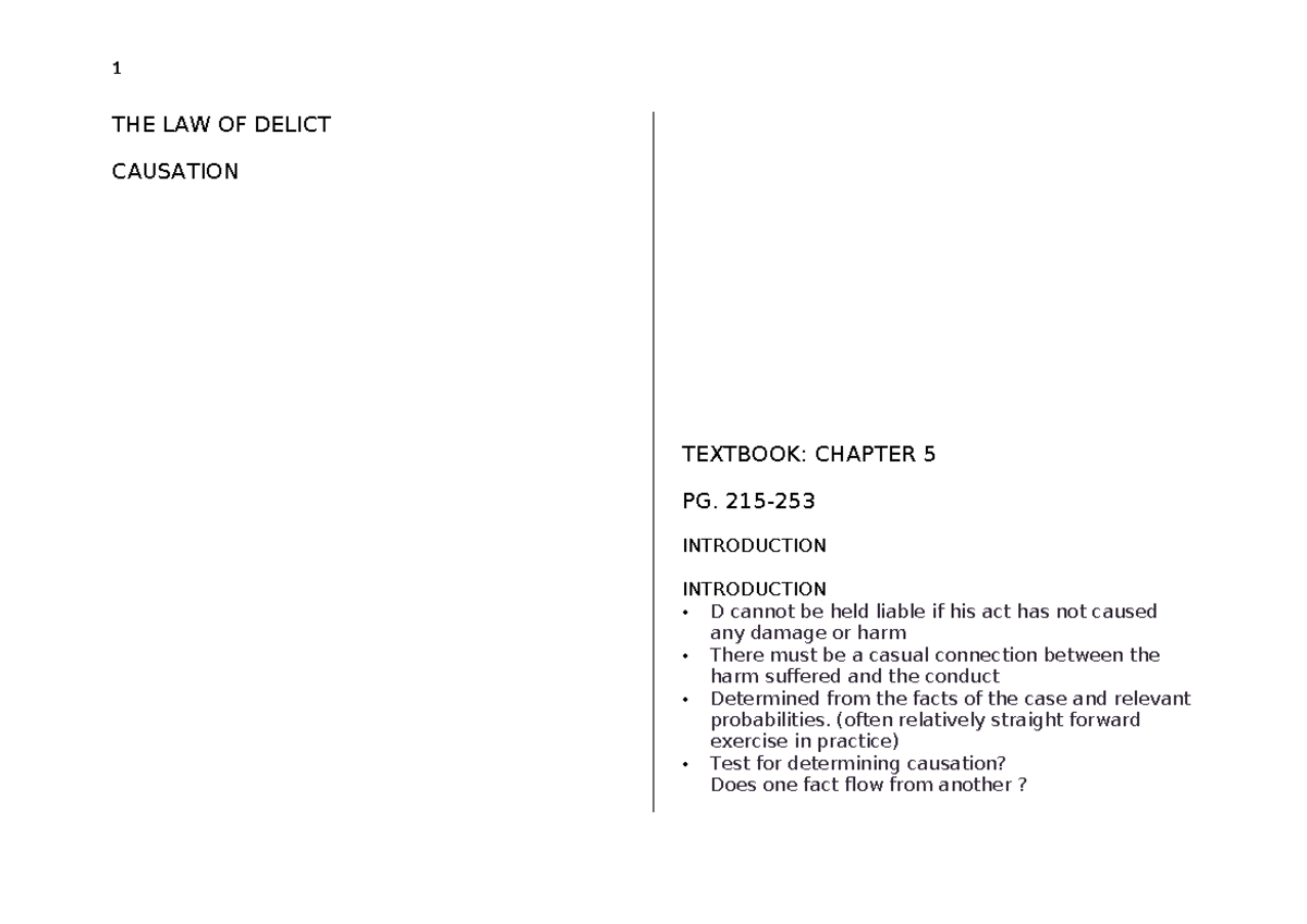 Causation - Summary Of The Content And Class Notes - THE LAW OF DELICT ...