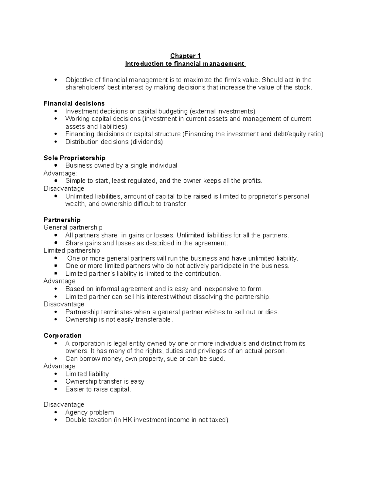 CB3410 Revision notes - Chapter 1 Introduction to financial management ...