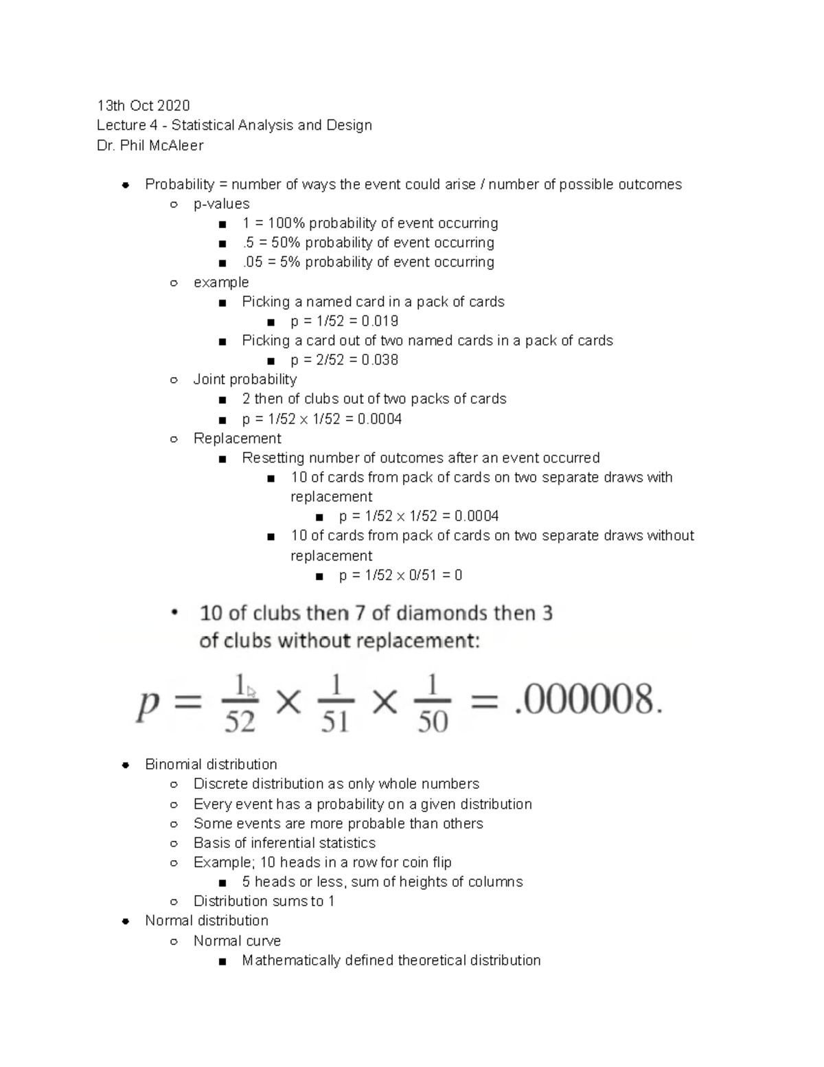 Statistical Analysis and Design Lecture 4 - 13th Oct 2020 - 13th Oct ...