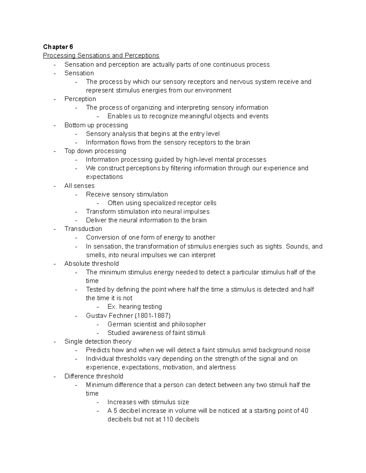 Psychology Lecture notes - Chapter 6 Processing Sensations and ...