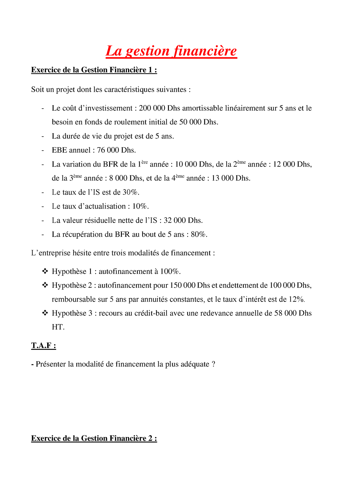 La Gestion Financière- Exercices - La Gestion Financière Exercice De La ...