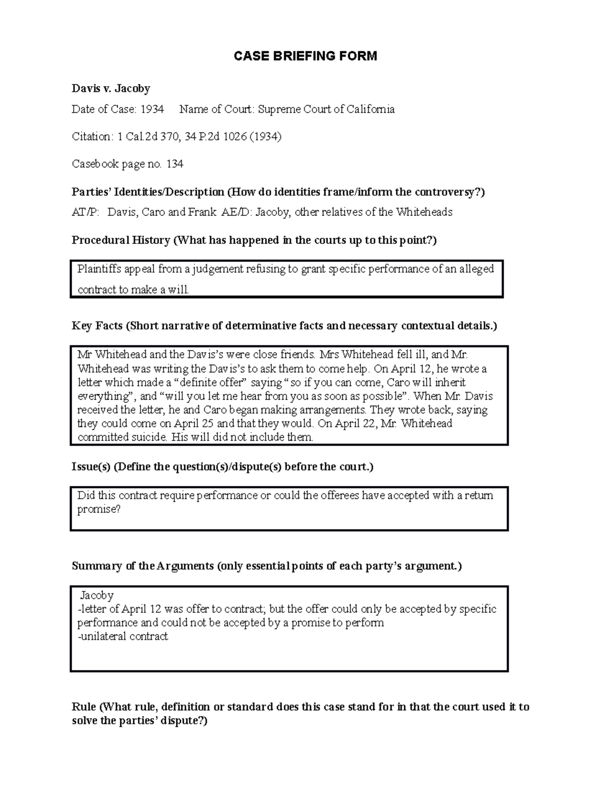 Davis V. Jacoby - Case Brief. - Case Briefing Form Davis V. Jacoby Date 