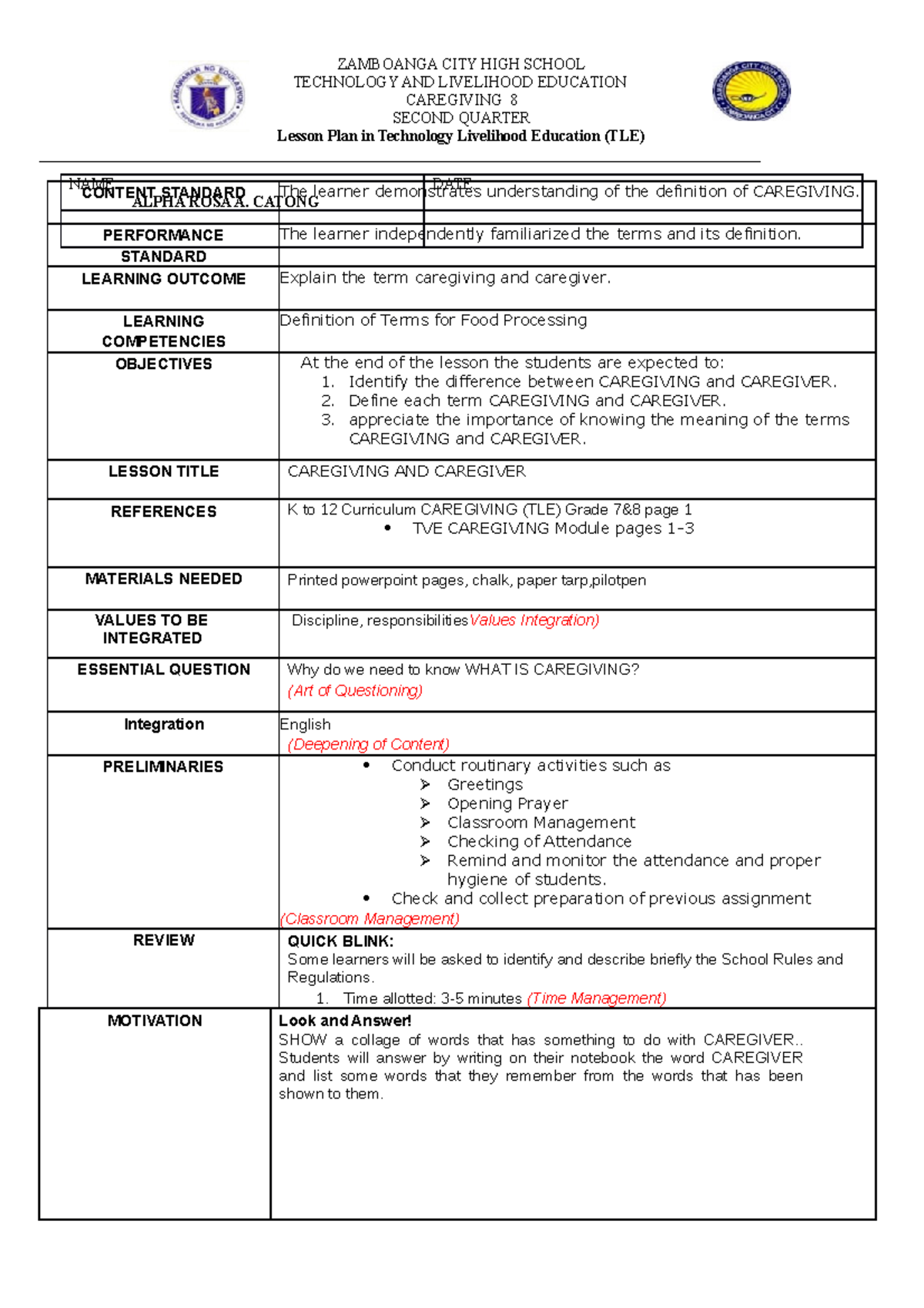 LESSON PLAN IN TLE - ZAMBOANGA CITY HIGH SCHOOL TECHNOLOGY AND ...