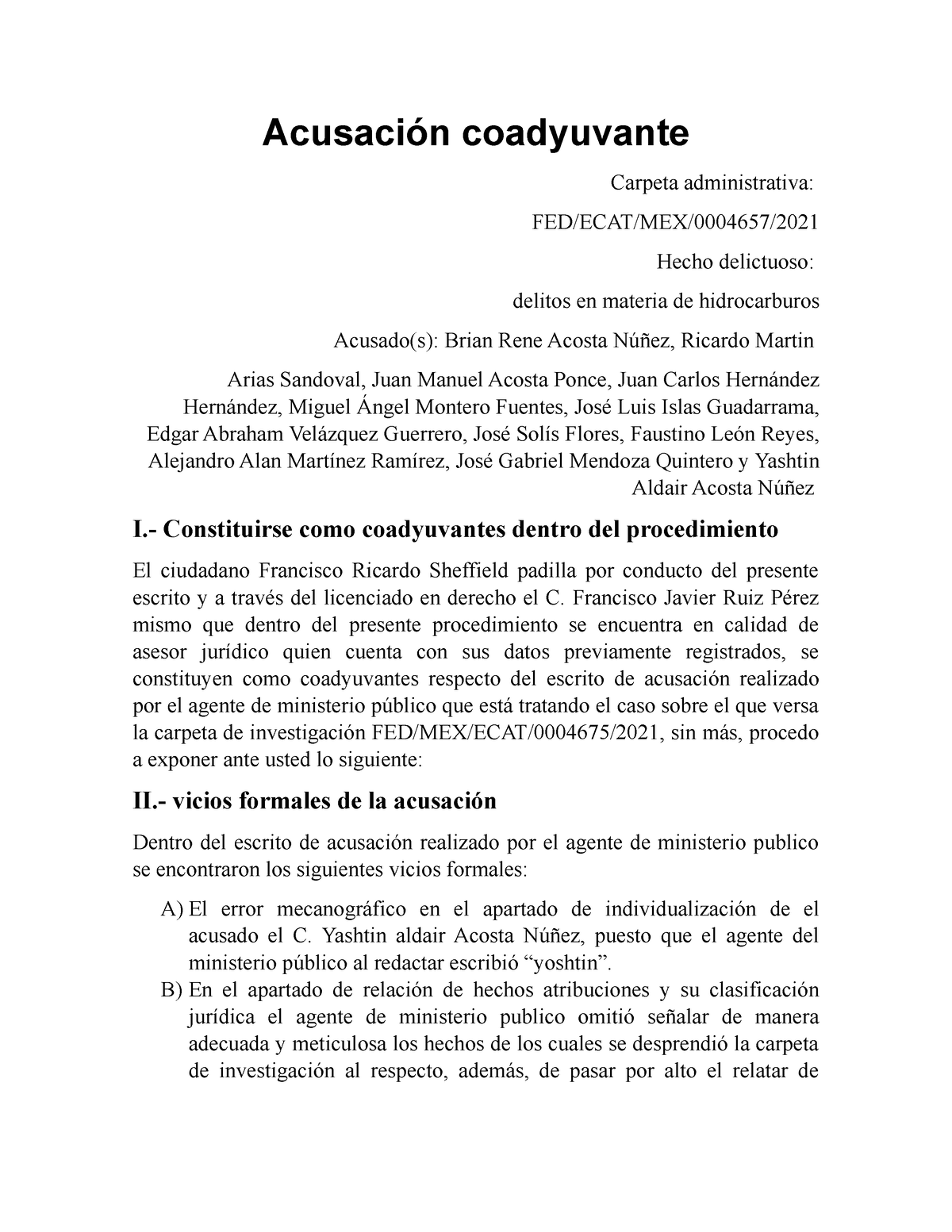 Acusación coadyuvante caso hidrocarburo - Acusación coadyuvante Carpeta  administrativa: - Studocu