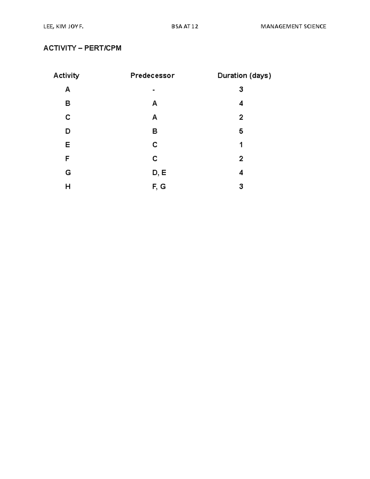 Activity- Pertcpm-LEE - LEE, KIM JOY F. BSA AT 12 MANAGEMENT SCIENCE ...