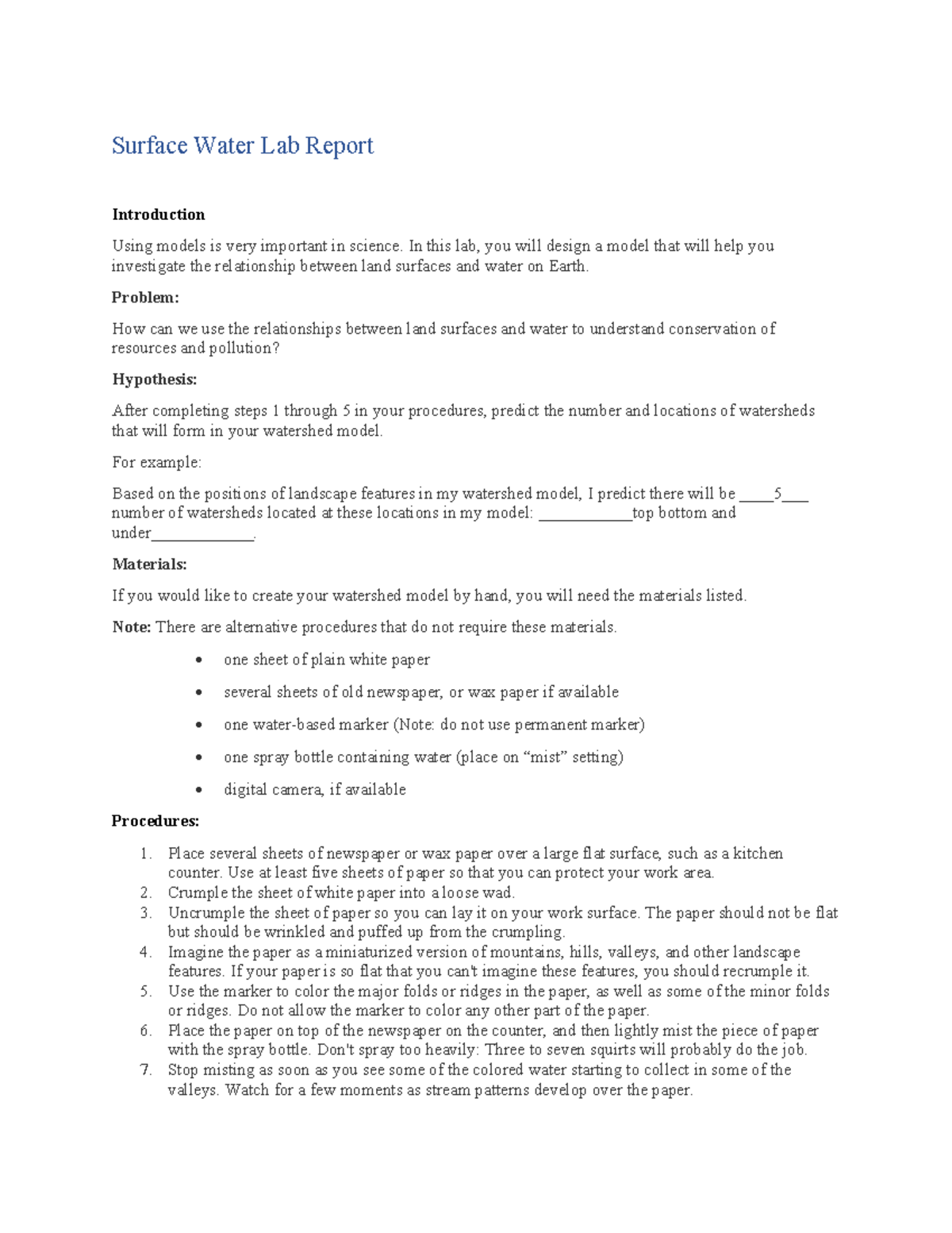 Annotatedsurface water lab report202812911 Surface Water Lab
