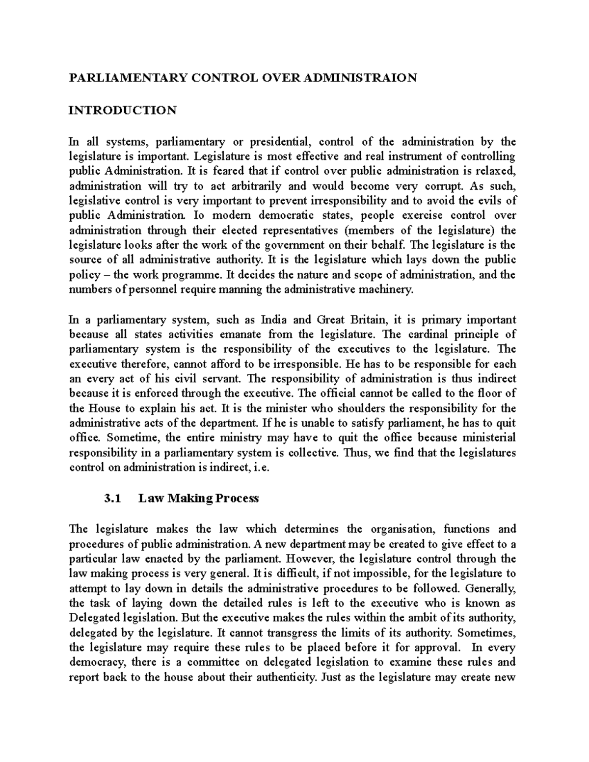 Parliamentary Control Over Administration PARLIAMENTARY CONTROL OVER