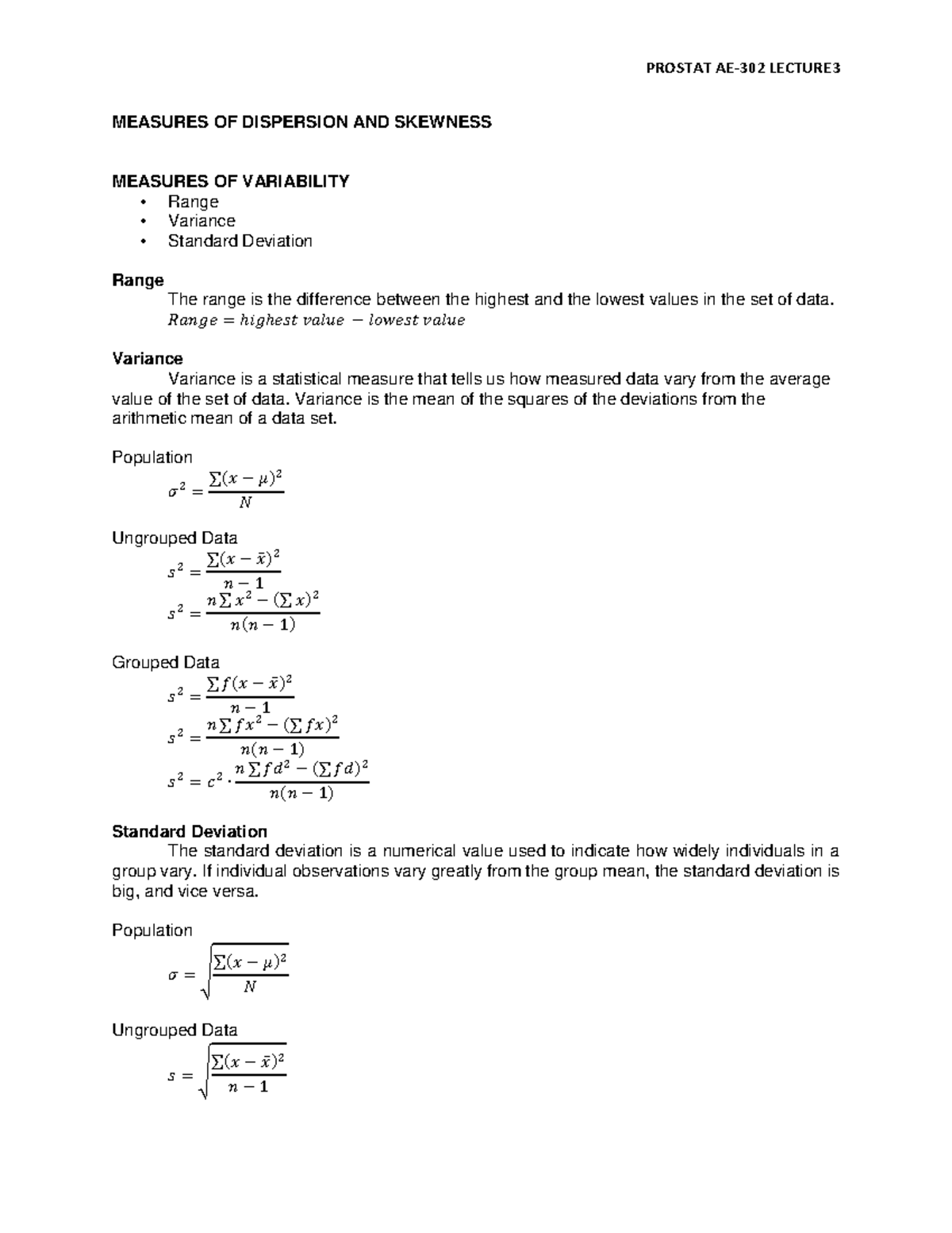Lecture 3 Handouts - asdasdasd - MEASURES OF DISPERSION AND SKEWNESS ...
