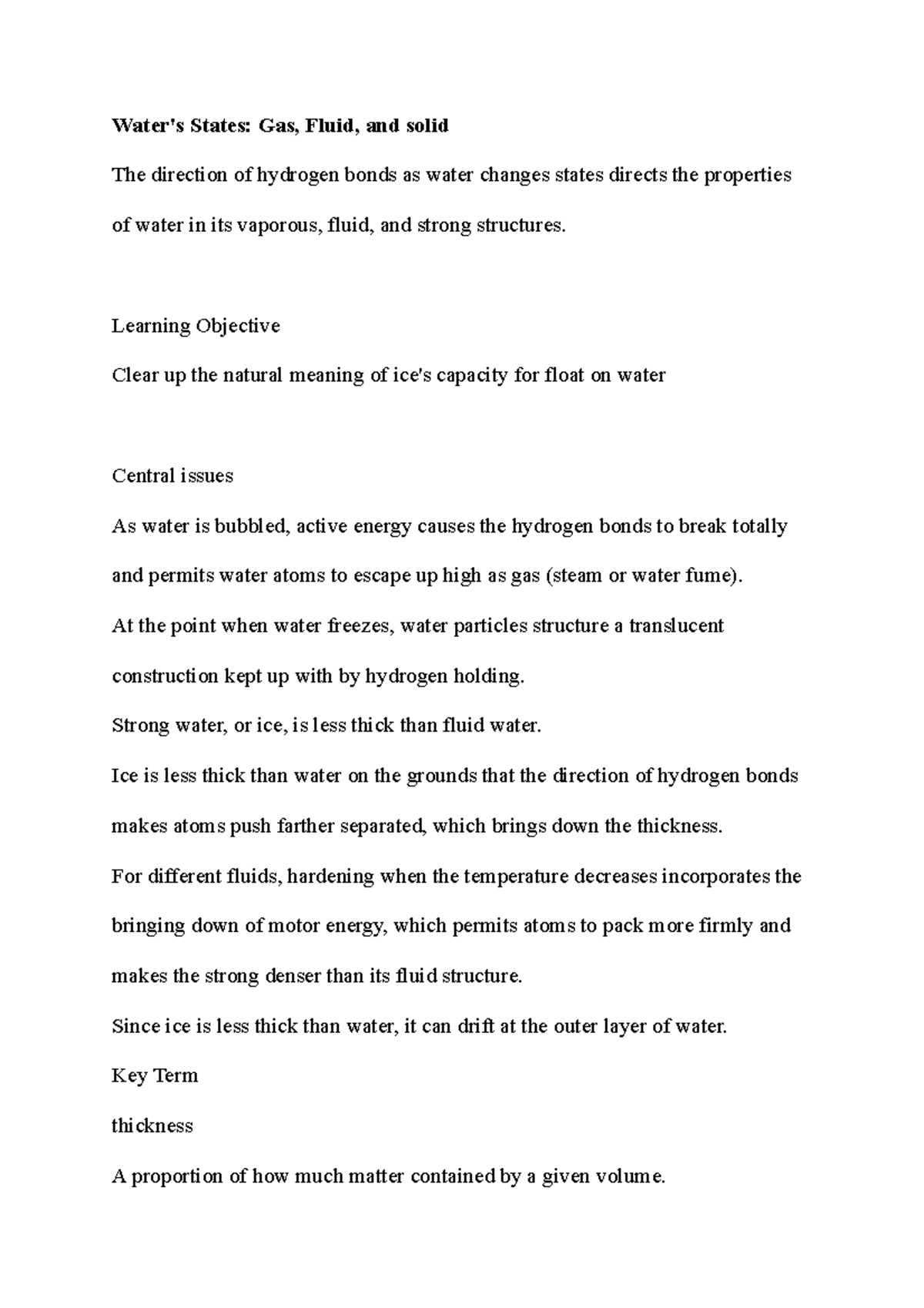 Lesson 2 Different States of water Water's States Gas, Fluid, and