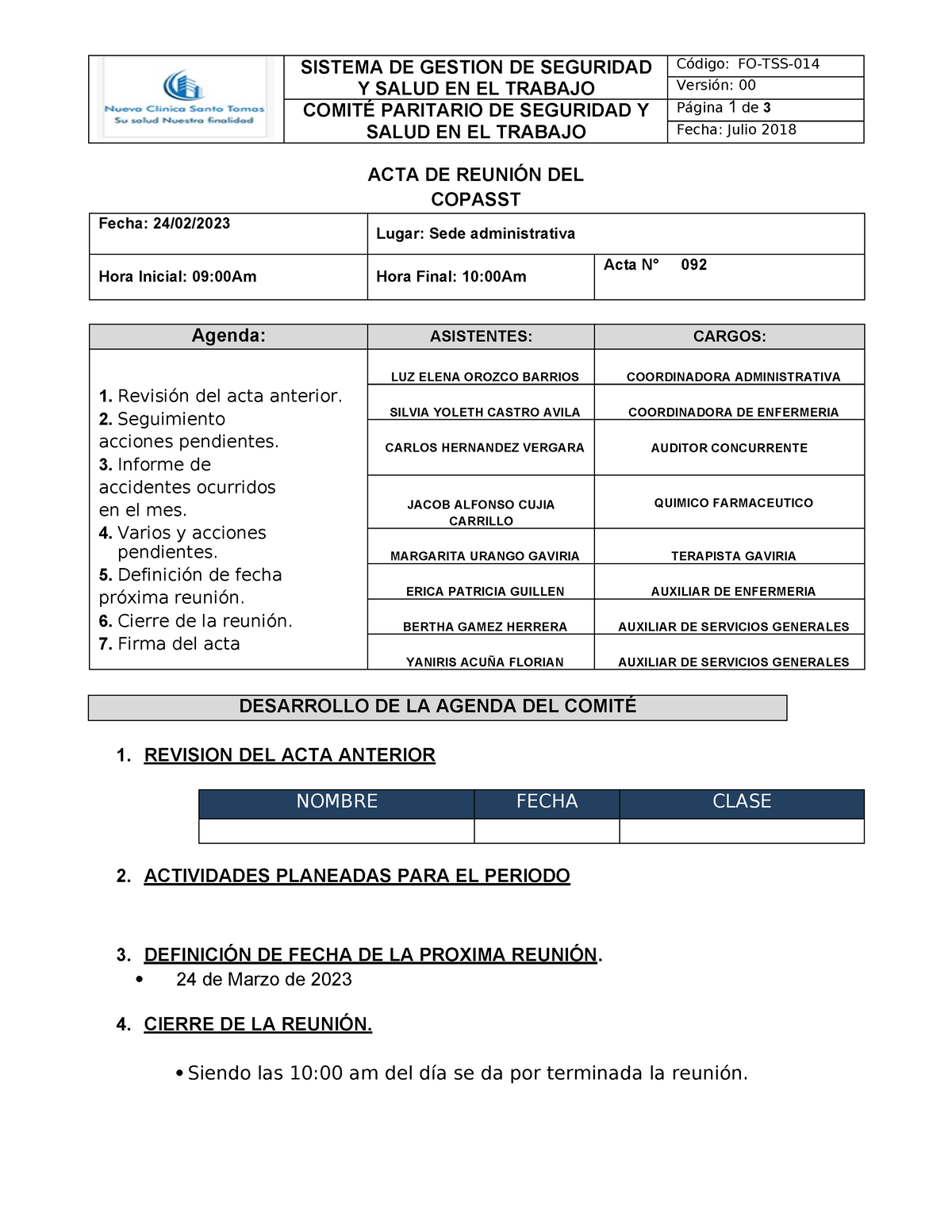 ACTA 092 Santo Tomas - Sst - SISTEMA DE GESTION DE SEGURIDAD Y SALUD EN ...