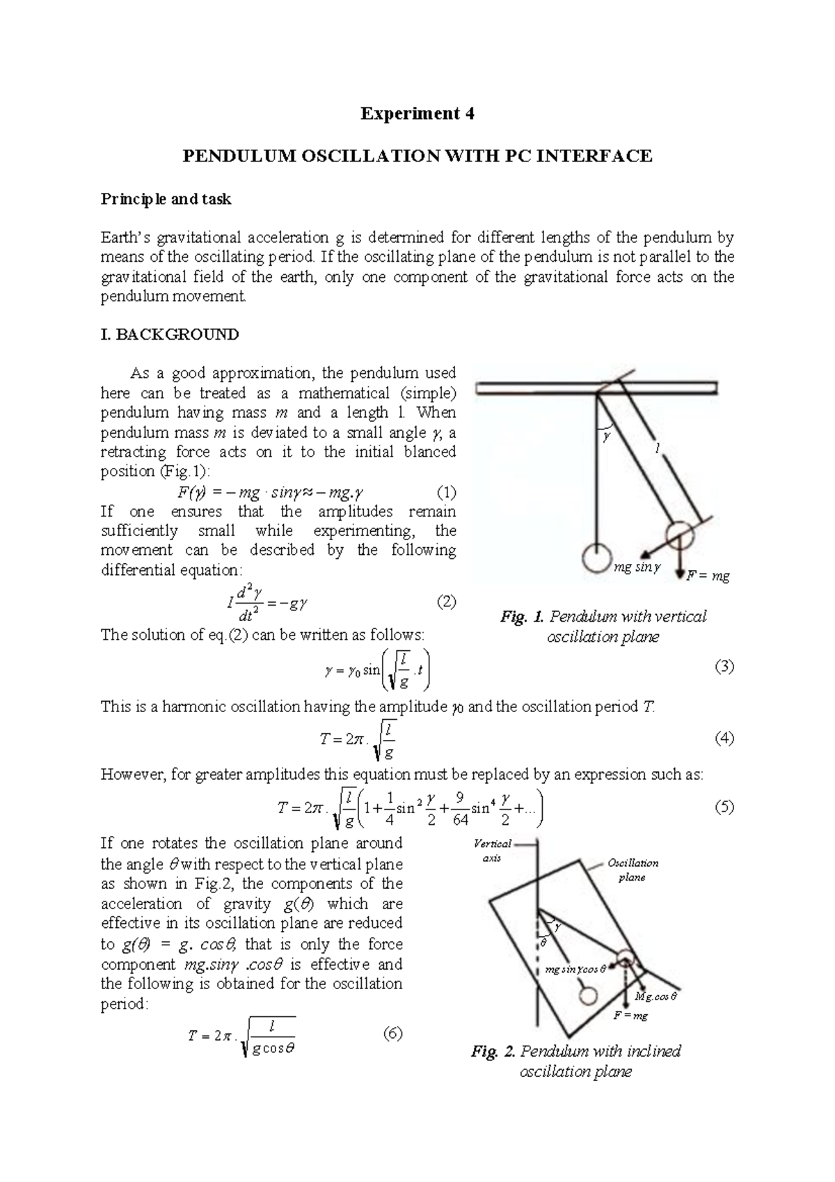 4- Pendulum oscillation - Experiment 4 PENDULUM OSCILLATION WITH PC ...