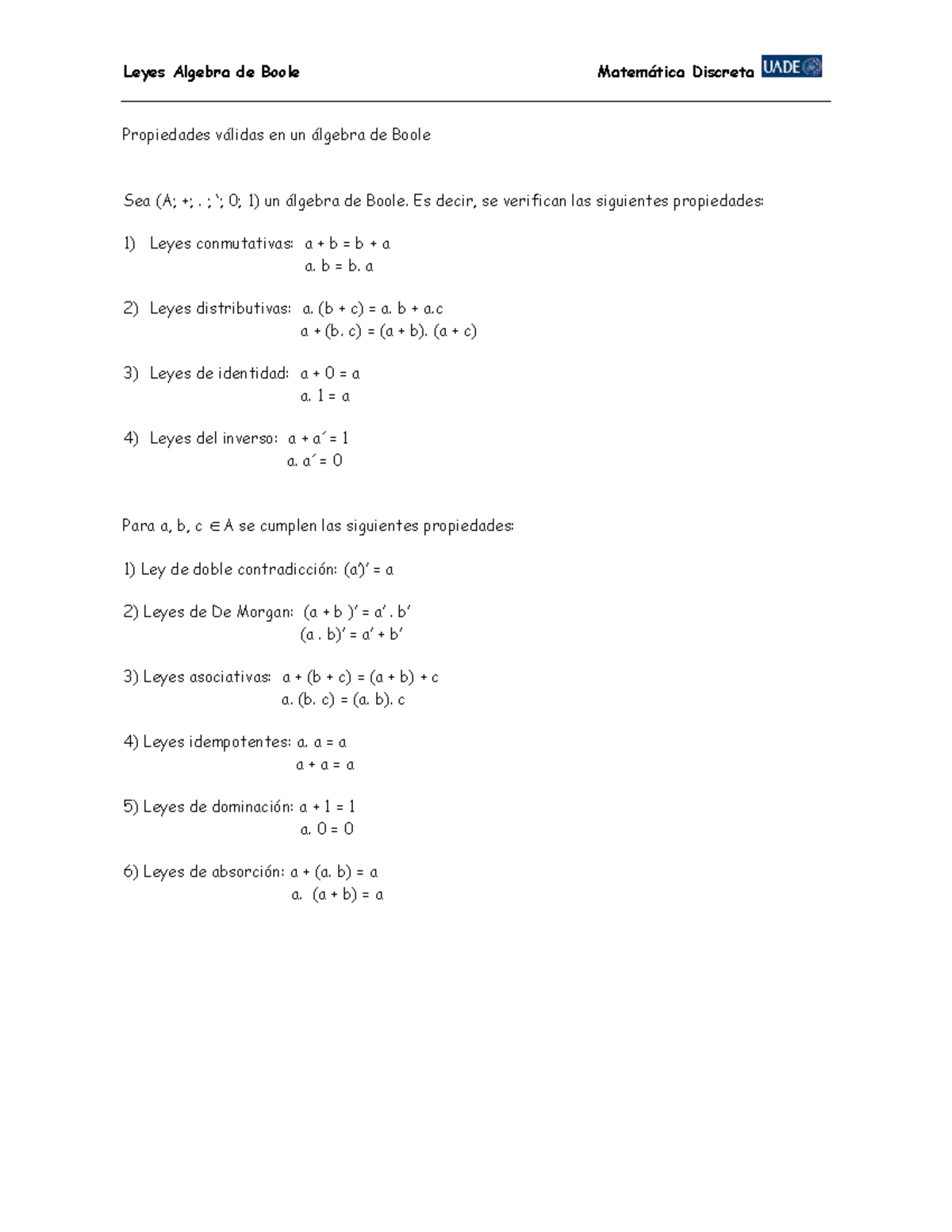 Leyes Algebra De Boole - Leyes Algebra De Boole Matemática Discreta ...