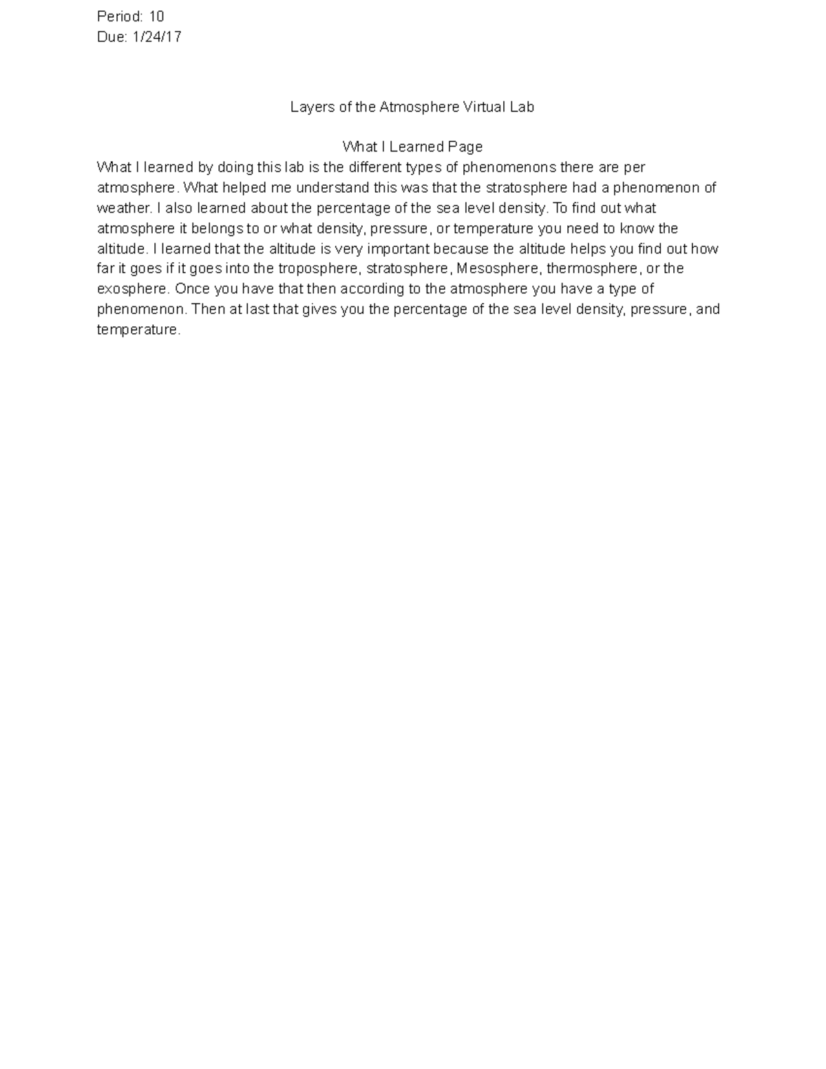 Layers of the Atmosphere Virtual Lab Period 10 Due 1/24/ Layers of