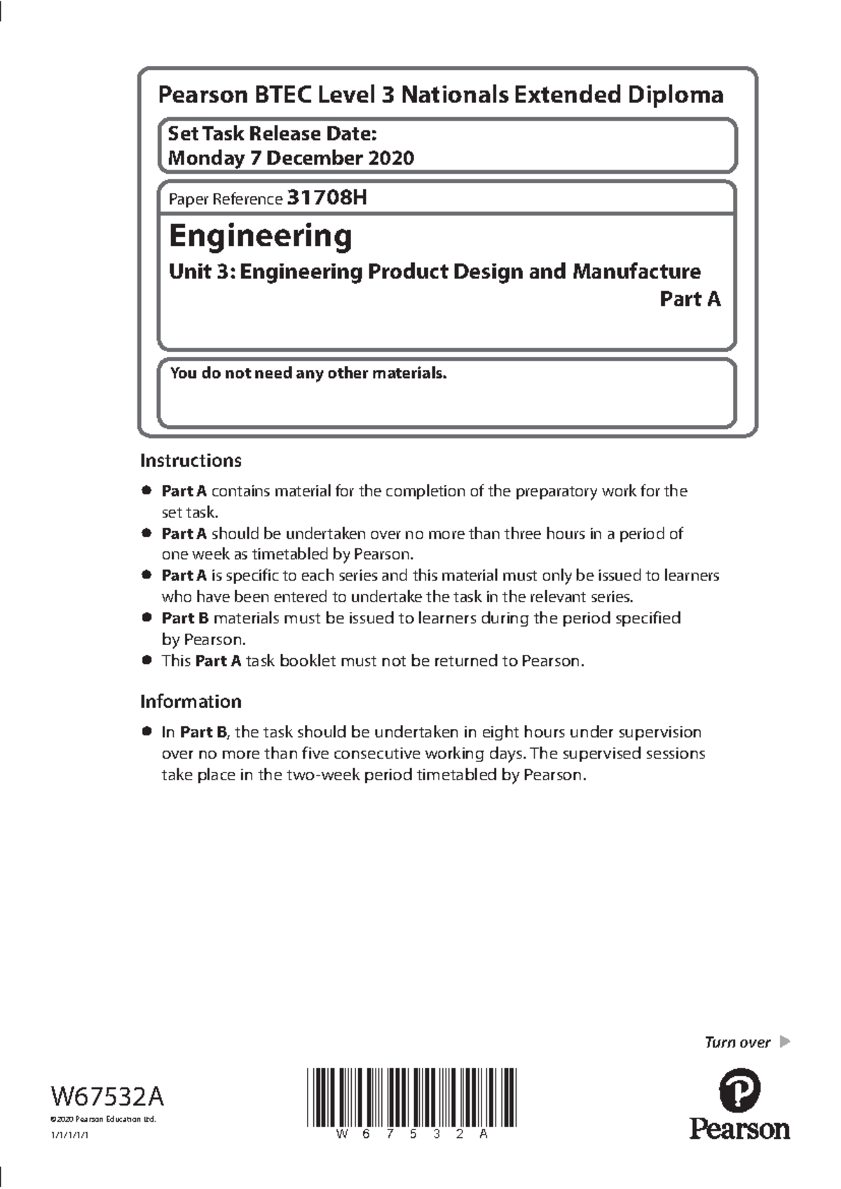 Unit 3 sample paper - W67532A ©2020 Pearson Education Ltd. ####### 1/1 ...