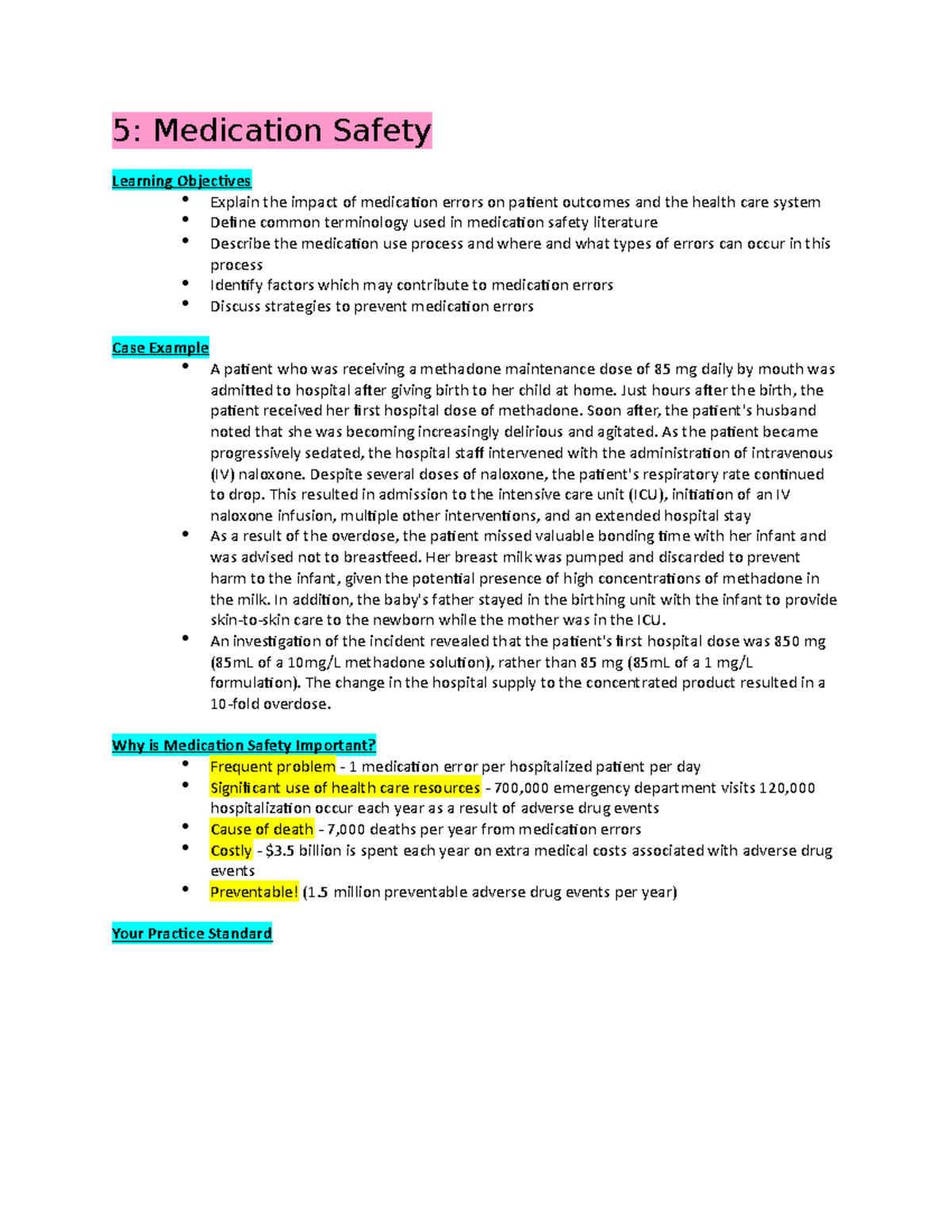 Lecture 5 Notes - 5: Medication Safety Learning Objectives Explain the ...