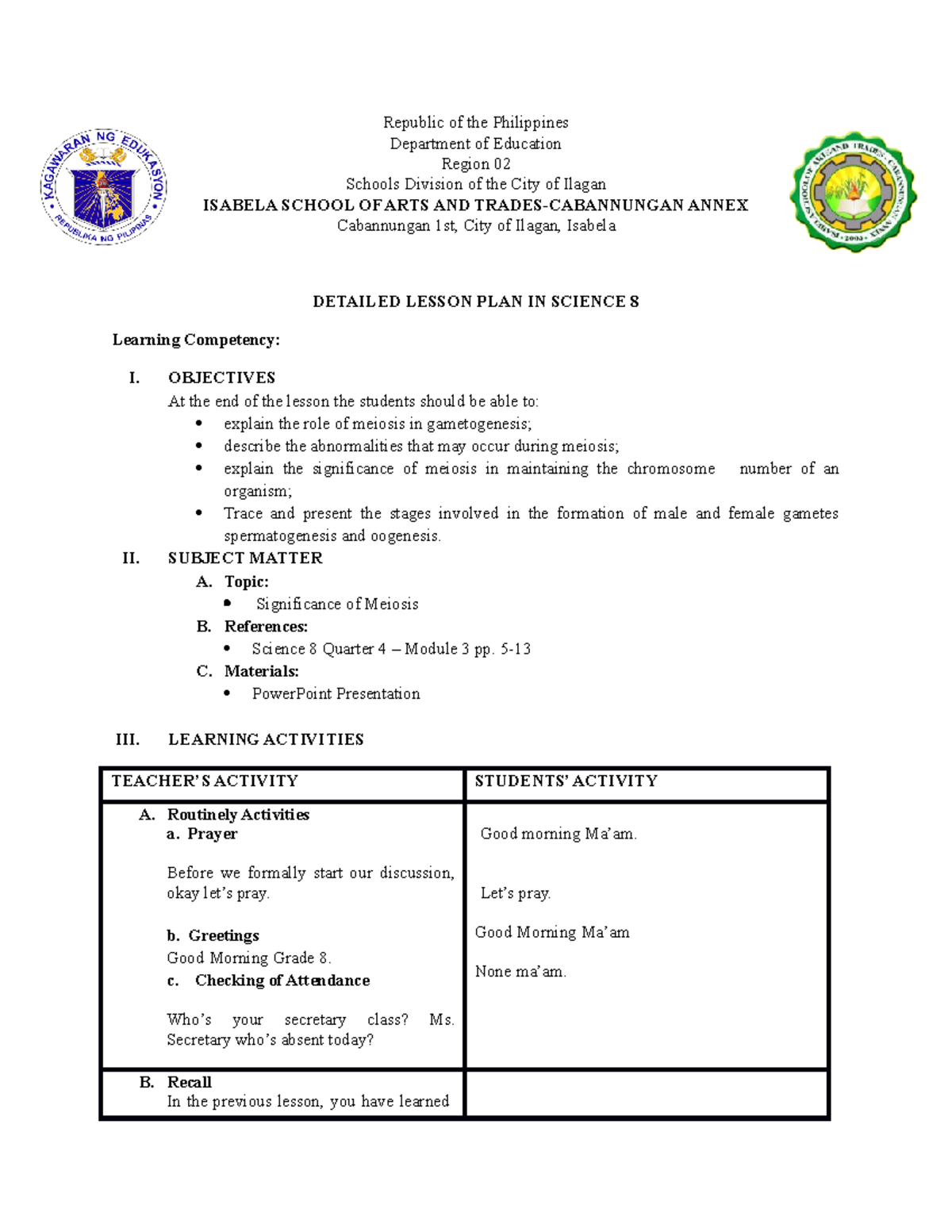 Detailed Lesson PLAN ( Significance OF Meiosis) - Republic of the ...