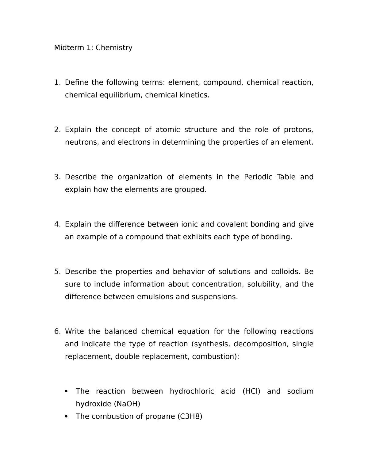 Midterm 1 - Chemistry - Midterm 1: Chemistry Define The Following Terms ...