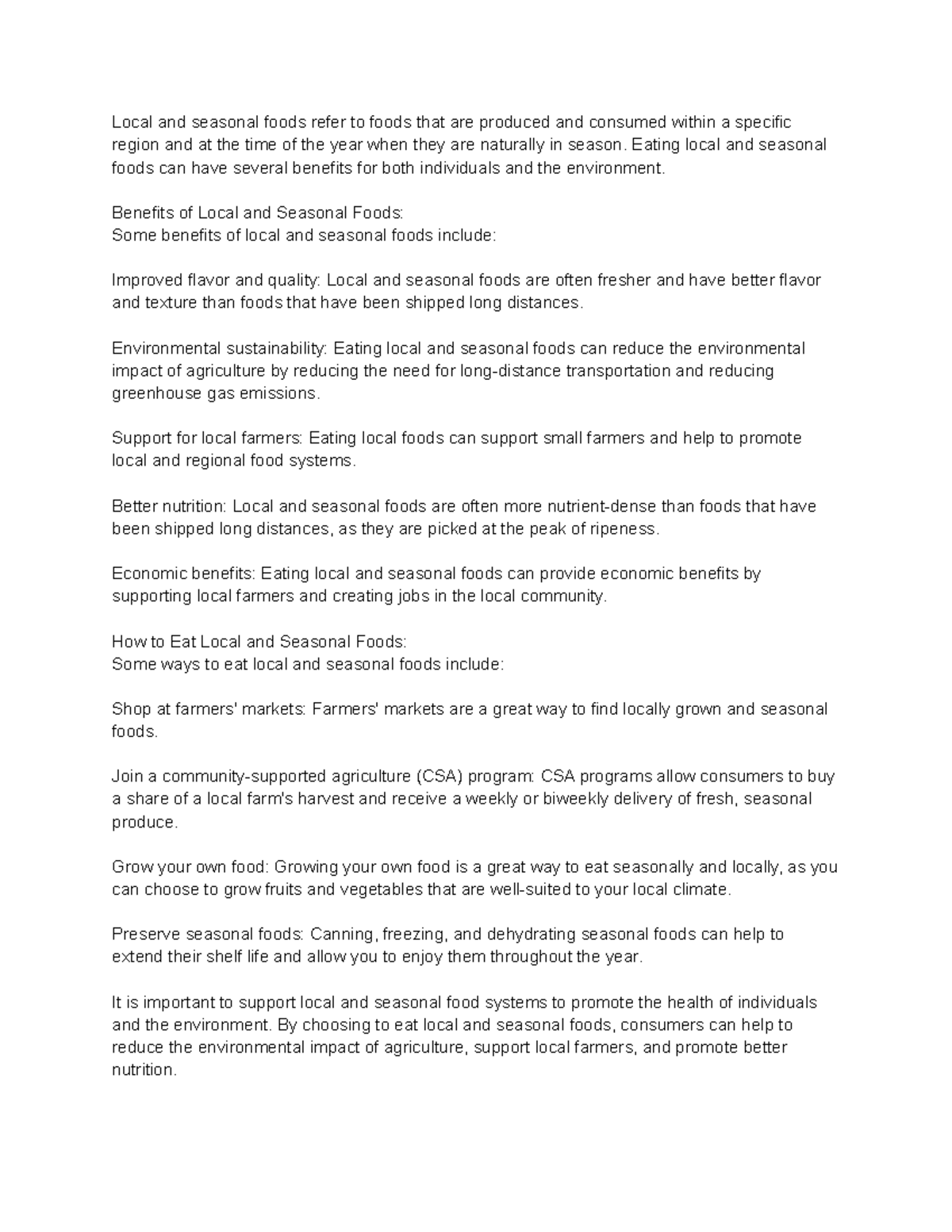 Local and Seasonal Foods Eating local and seasonalfoods can have