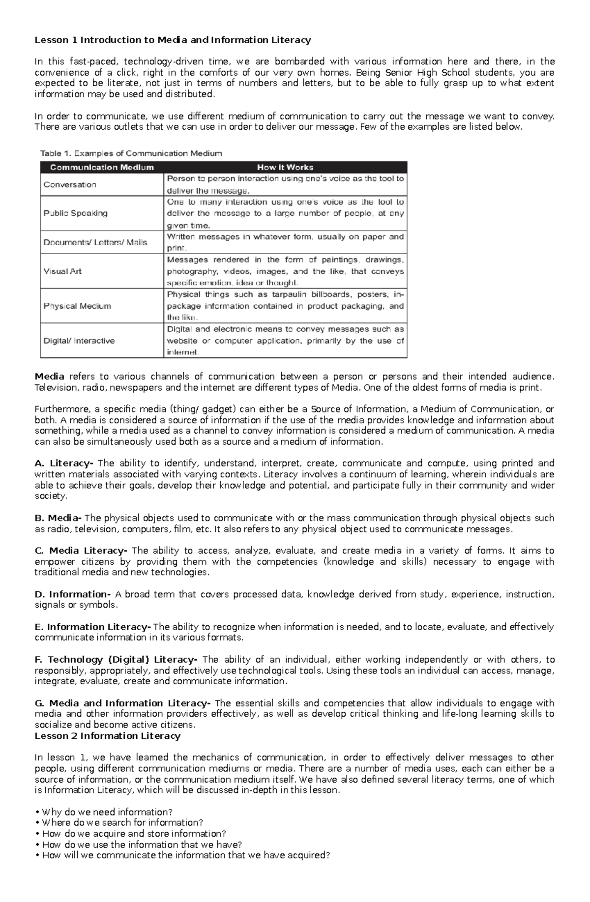 Lesson 1 Introduction to Media and Information Literacy summary week 1 ...
