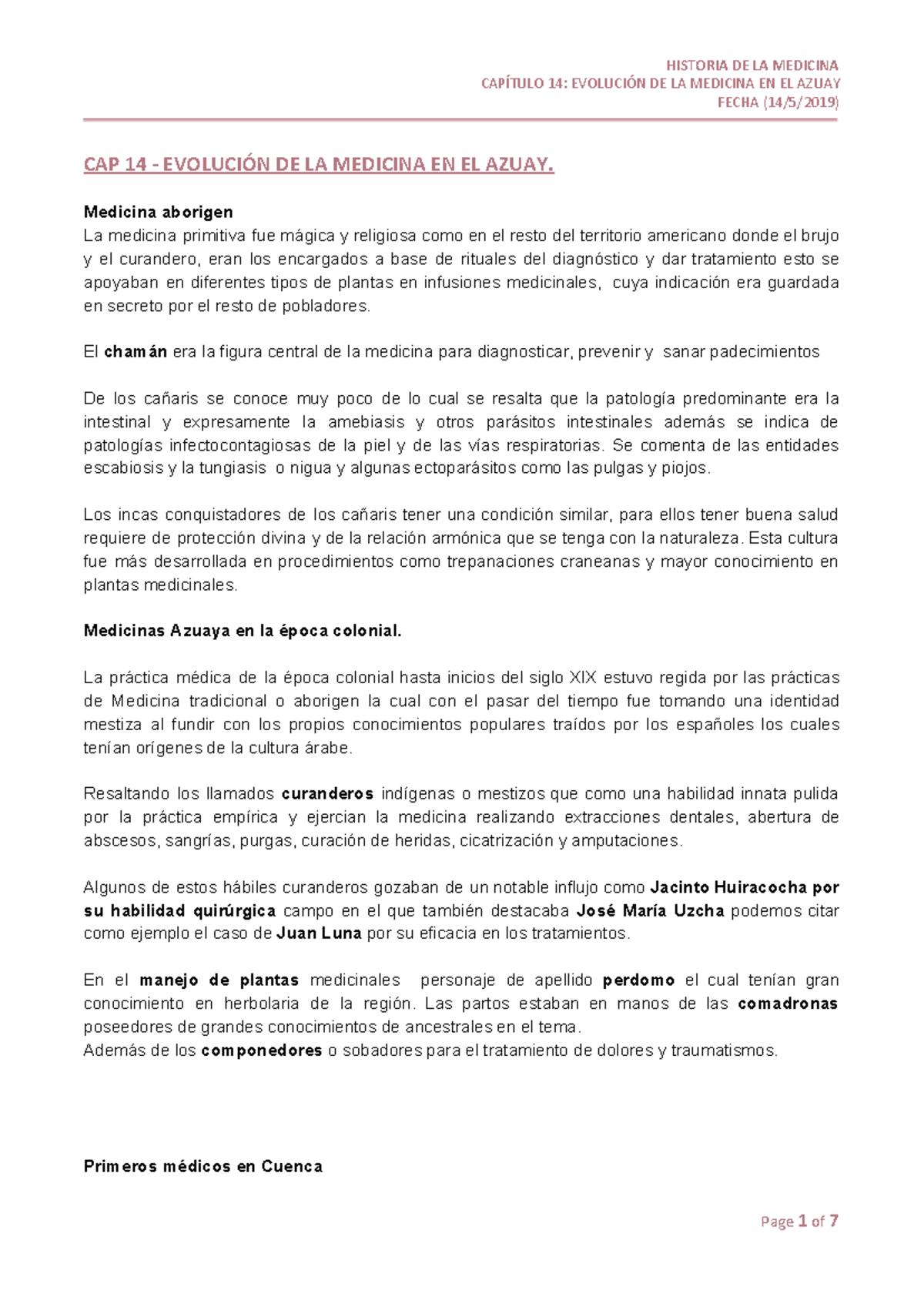 Historia de la Medicina Resumen CAPÍTULO 14 EVOLUCIÓN DE LA MEDICINA EN EL AZUAY FECHA Historia de la Medicina Resumen CAPÍTULO 14 EVOLUCIÓN DE LA MEDICINA EN EL AZUAY FECHA