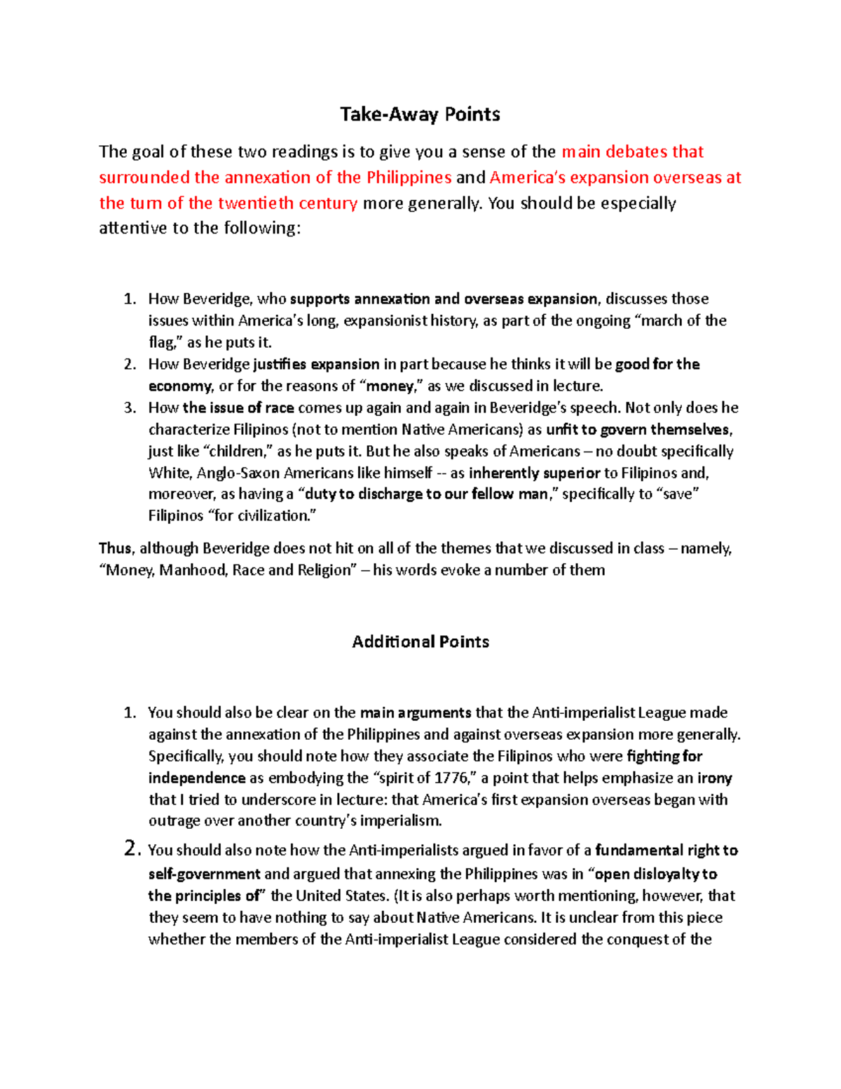 Takeaway Points - Beveridge Anti-imperialists - Take-Away Points The ...