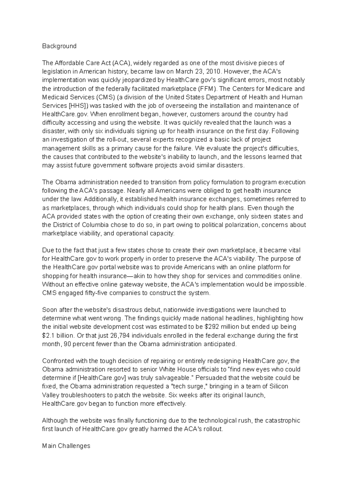 Case Analysis - Business Essays - Background The Affordable Care Act ...