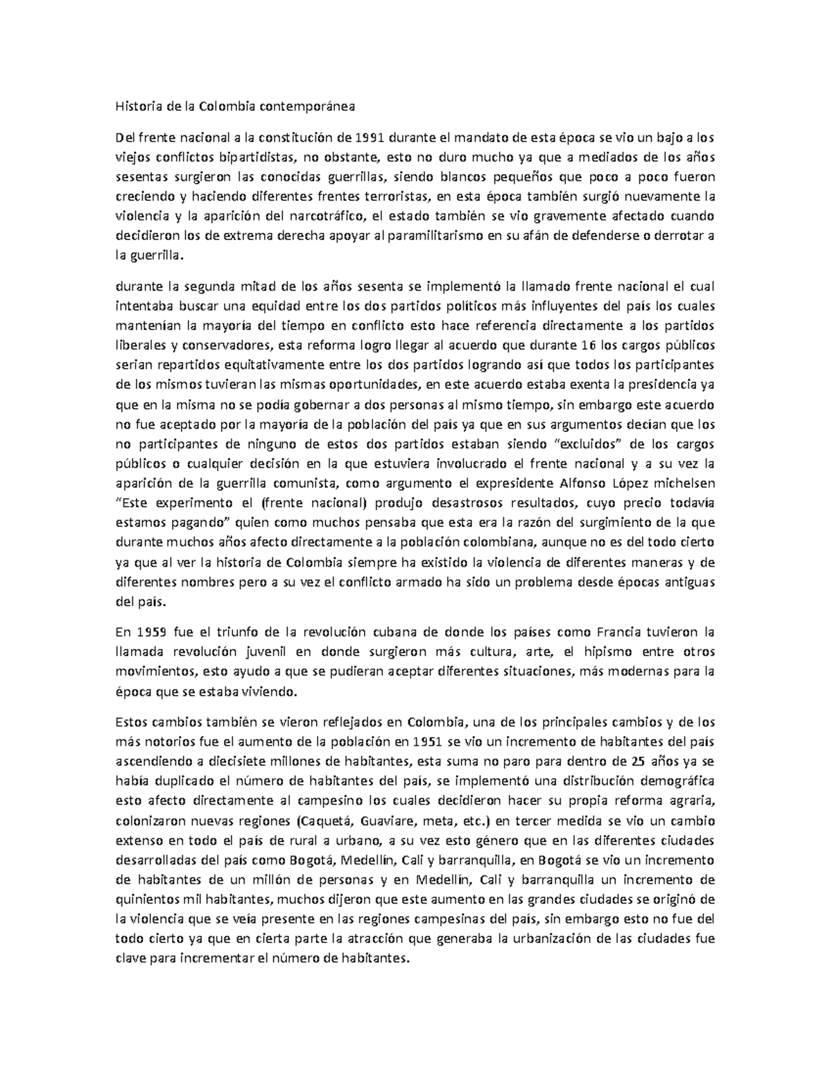 Reseña 1 Historia De La Colombia Contemporanea Historia De La