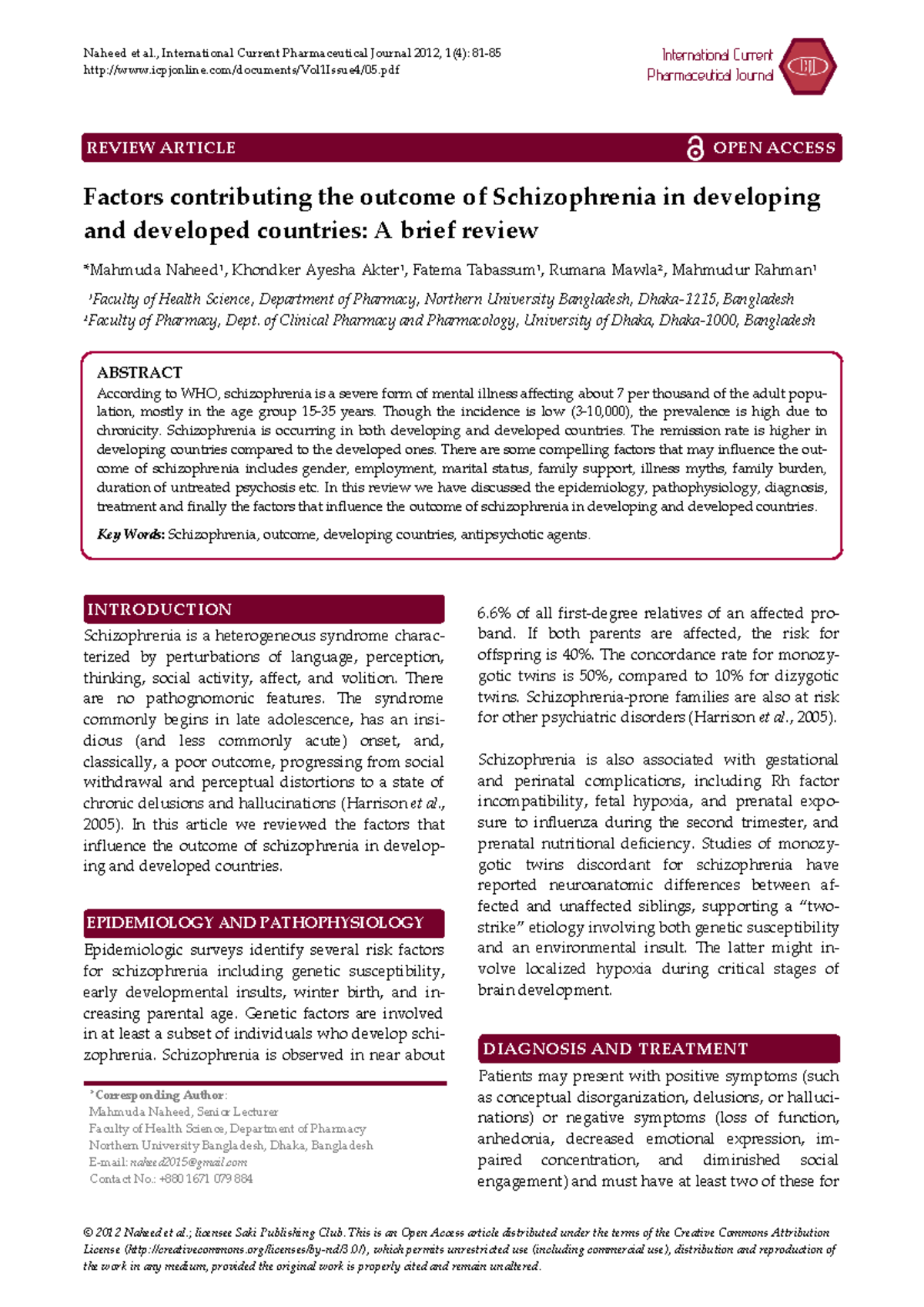 2012 Rahman Int Cur Ph J Schizophrenia - Naheed et al., International ...