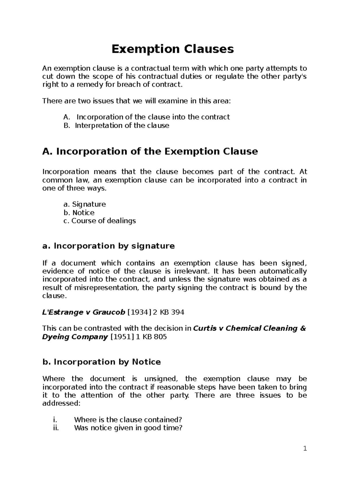 Exemption Clause Handout 21 Exemption Clauses An exemption clause is