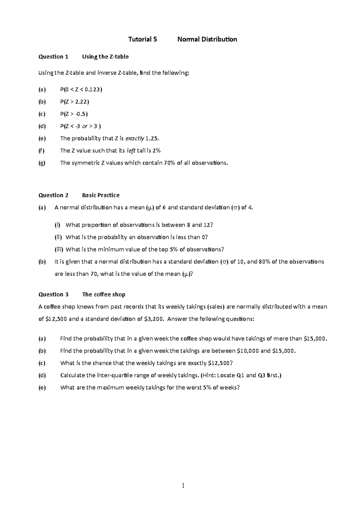 Tute 5 Normal Distribution - Tutorial 5 Normal Distribuion Quesion 1 ...