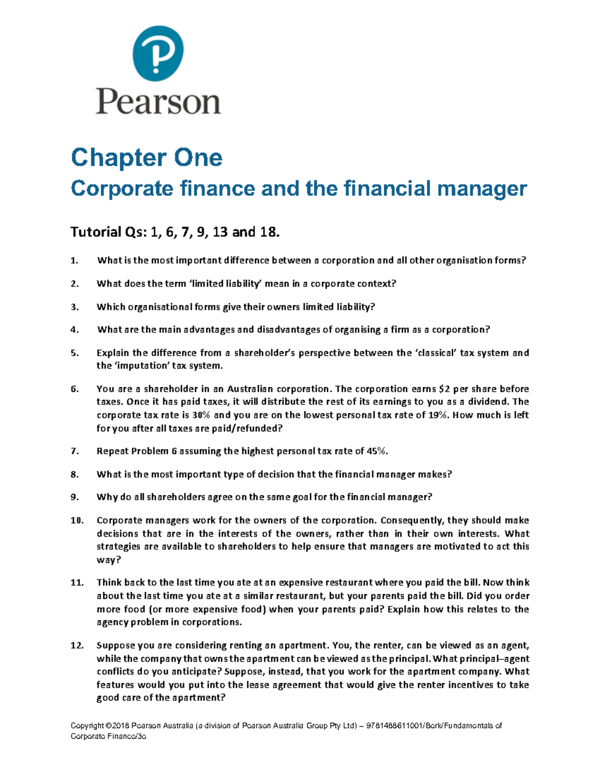 Tutorial 01 Questions - Lecture Notes 3 - Chapter One Corporate Finance ...