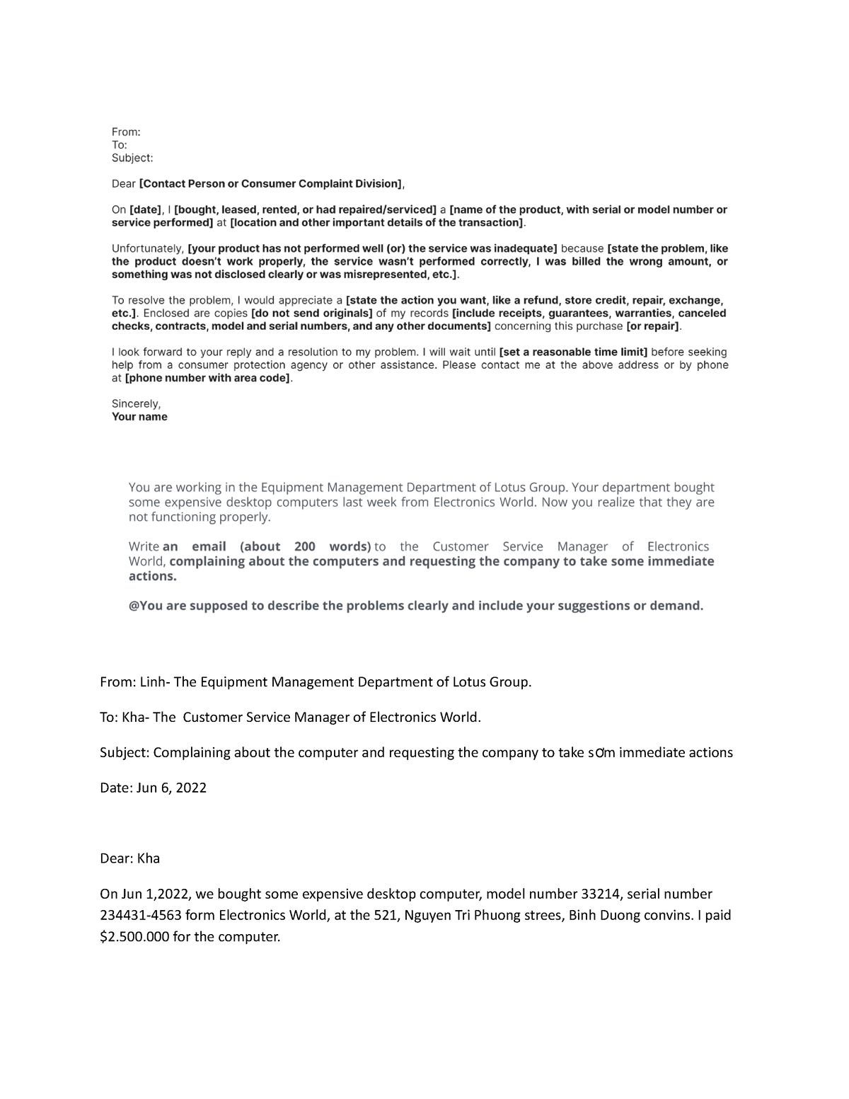 Complain Email - From: Linh- The Equipment Management Department Of 