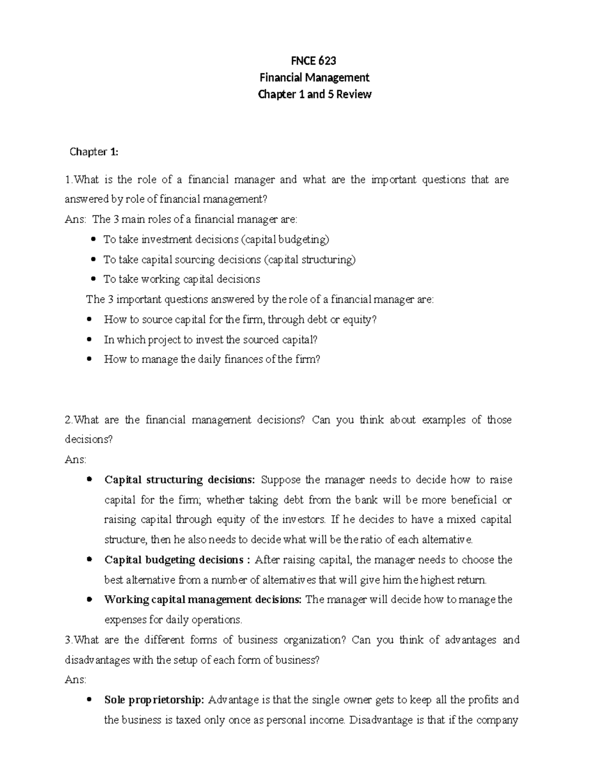 Chapter 1 and 5 Review - Time value of money - FNCE 623 Financial ...