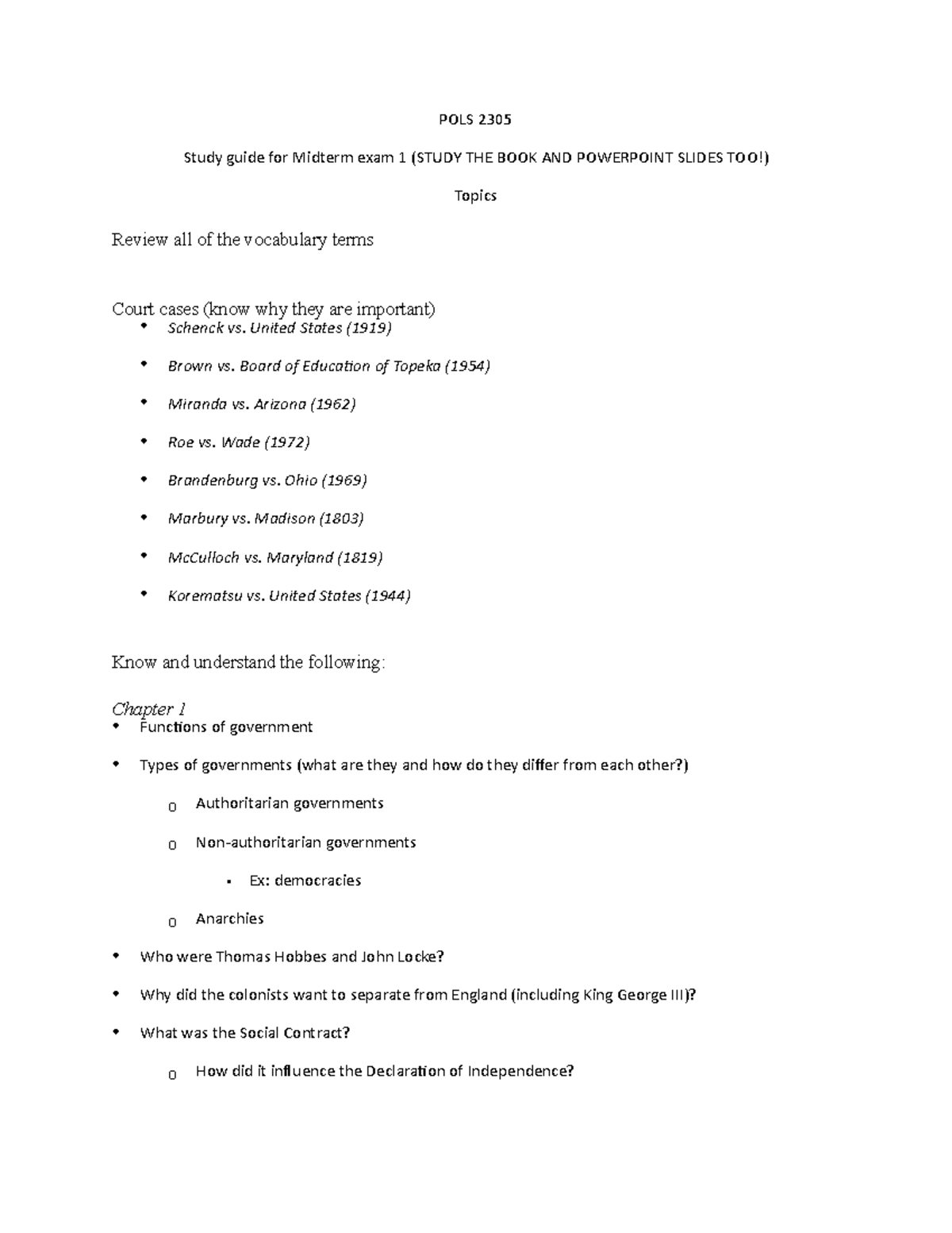 Pols 2305 Midterm Exam 1 Study Guide Fa2020 Pols 2305 Study Guide For