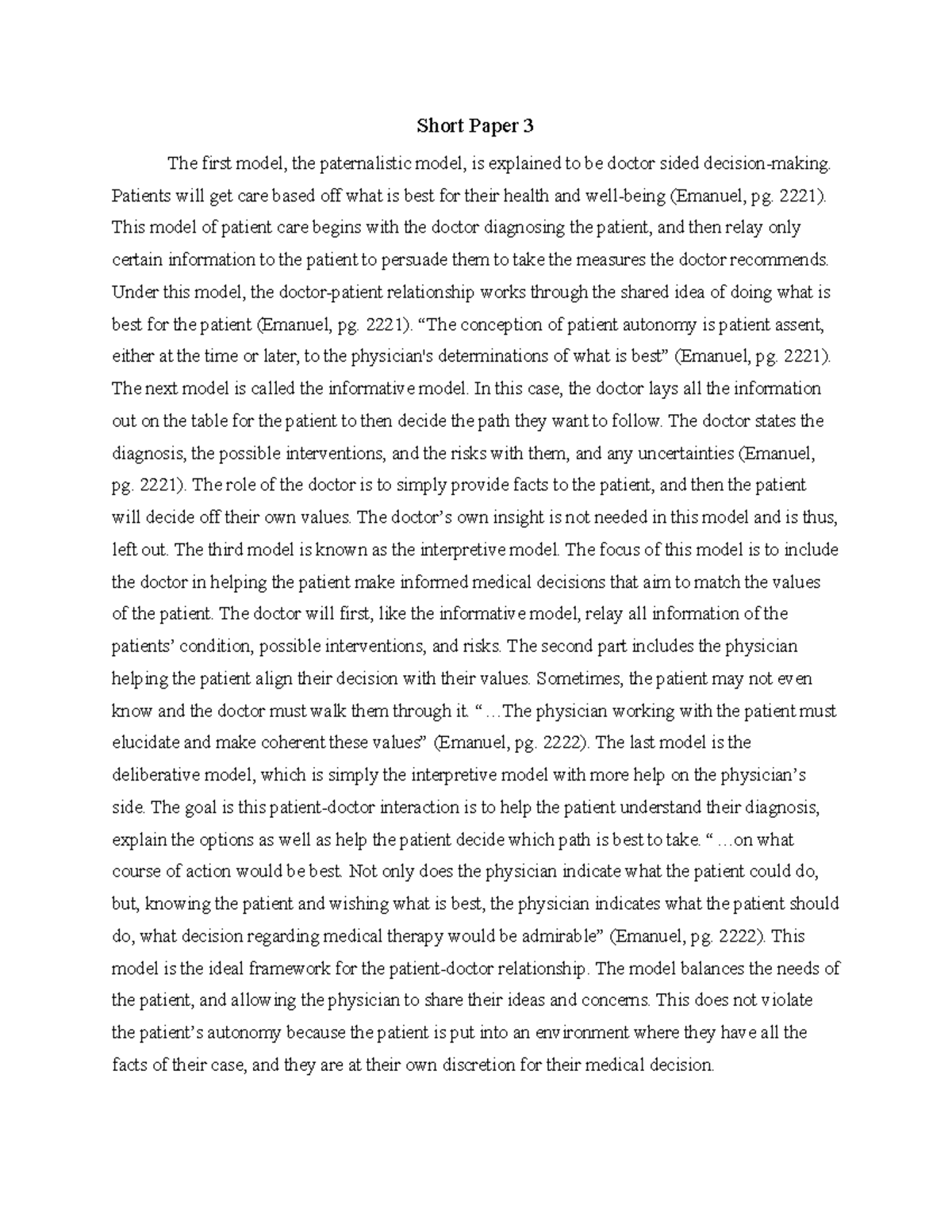 Short Paper 3 - The 3rd essay for this class. - Short Paper 3 The first ...