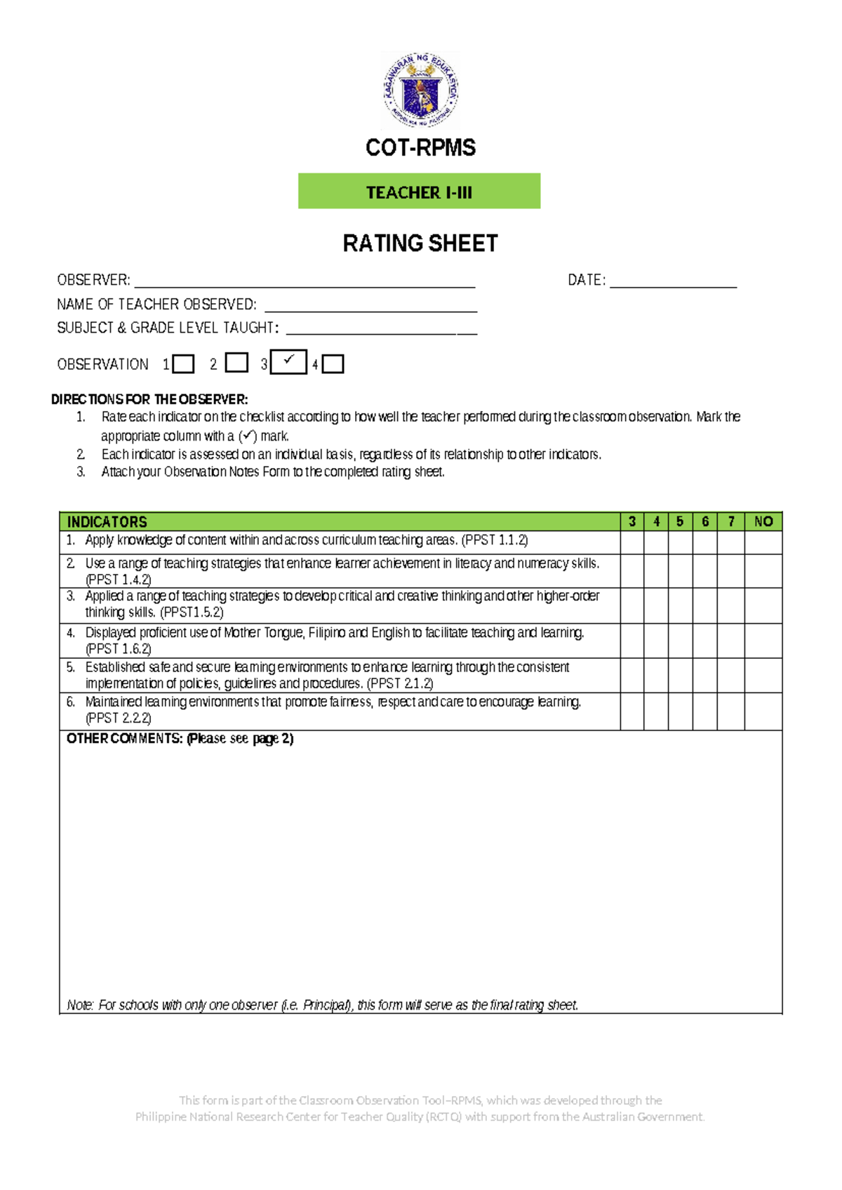Rating Sheet Ti Tiii For The Third Quarter Cot Rpms Rating Sheet