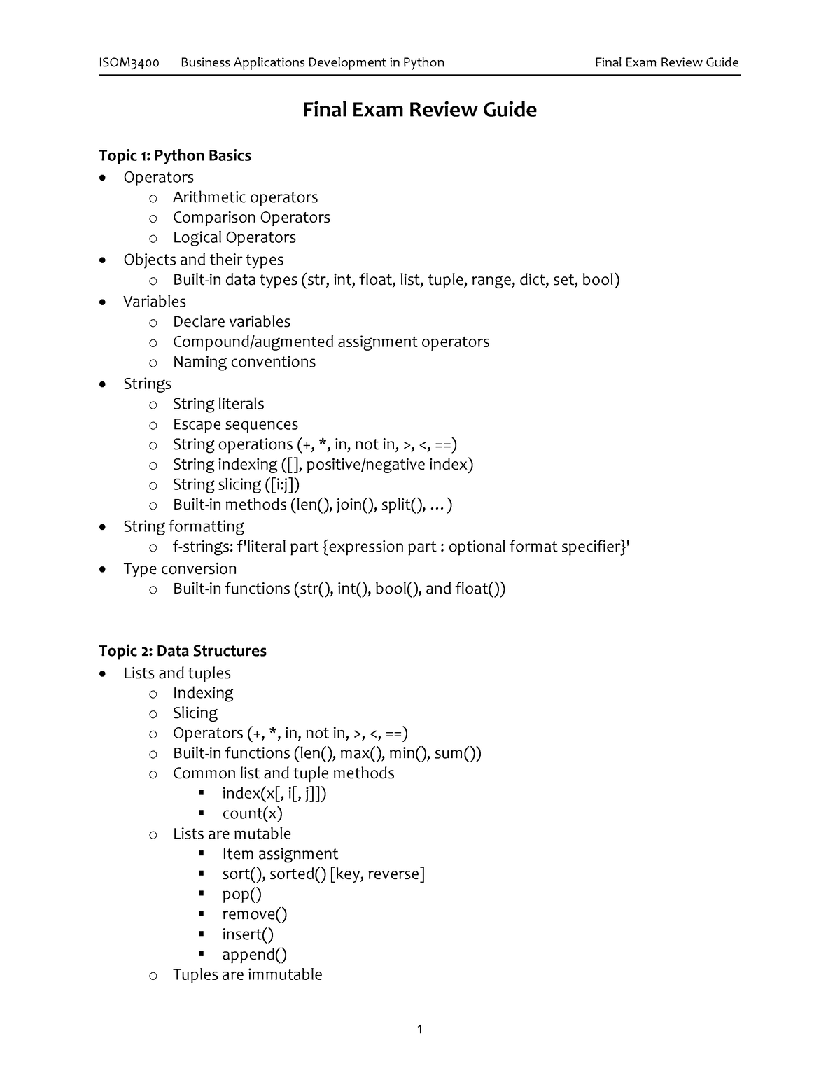 Final Exam-Review Guide - Final Exam Review Guide Topic 1: Python