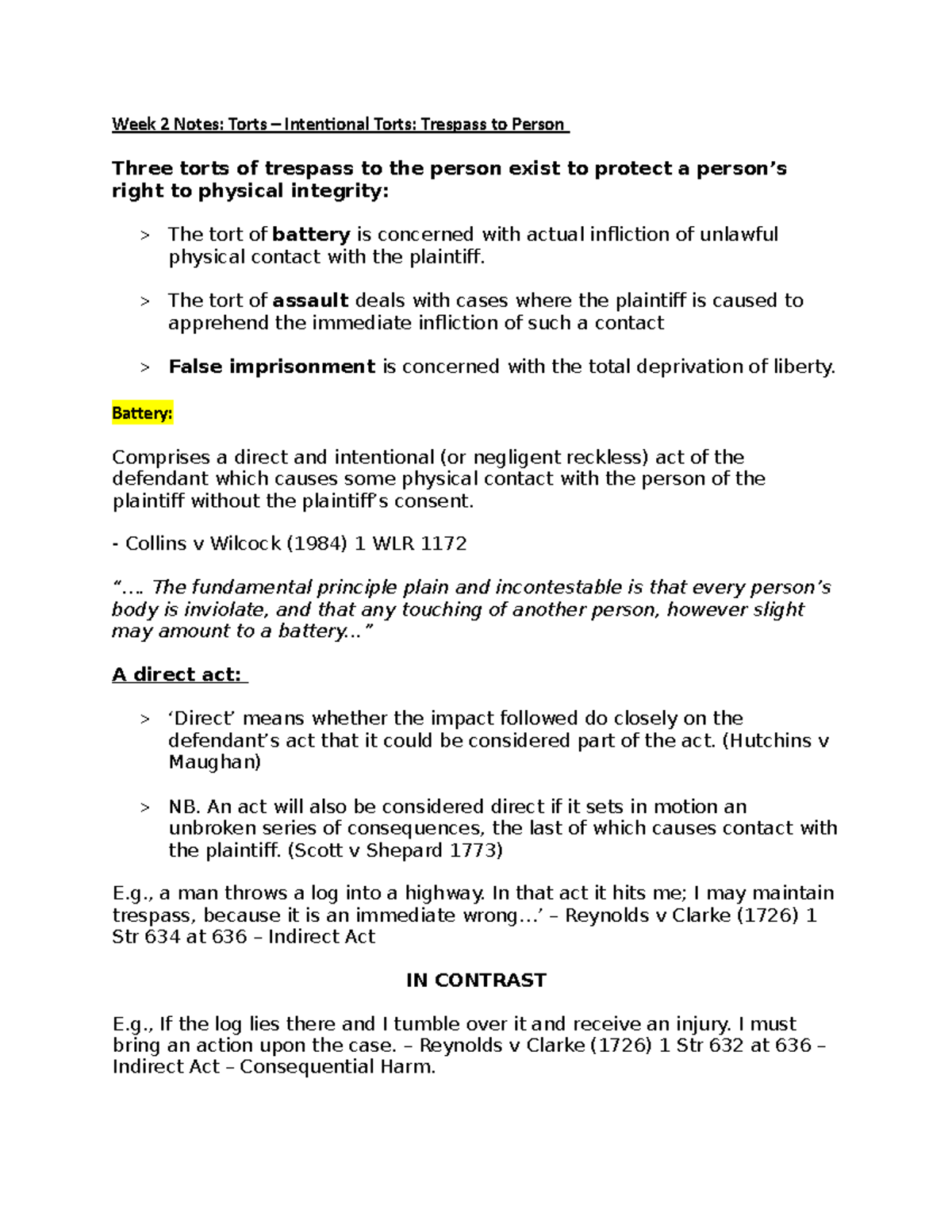 Week 2 Notes Torts - Battery - Week 2 Notes: Torts – Intentional Torts ...