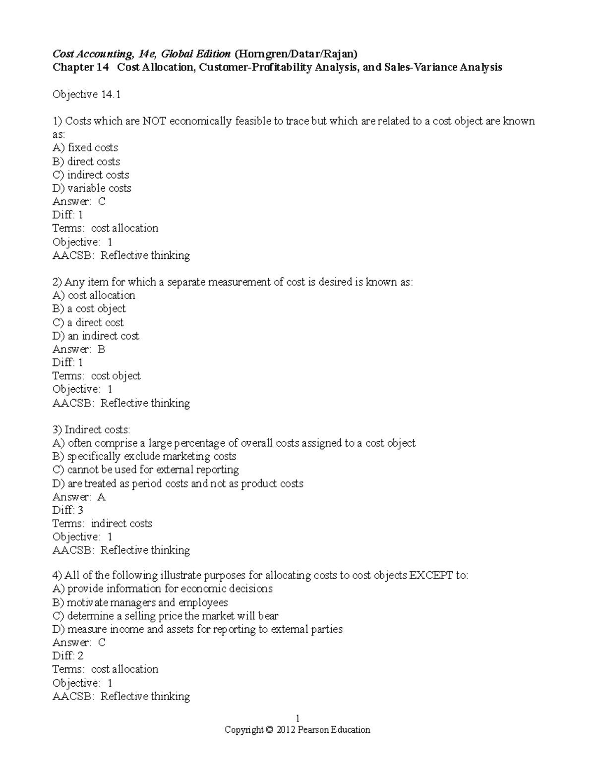 Cost Accounting, 14e, Test Bank Ch14 - Cost Accounting, 14e, Global ...