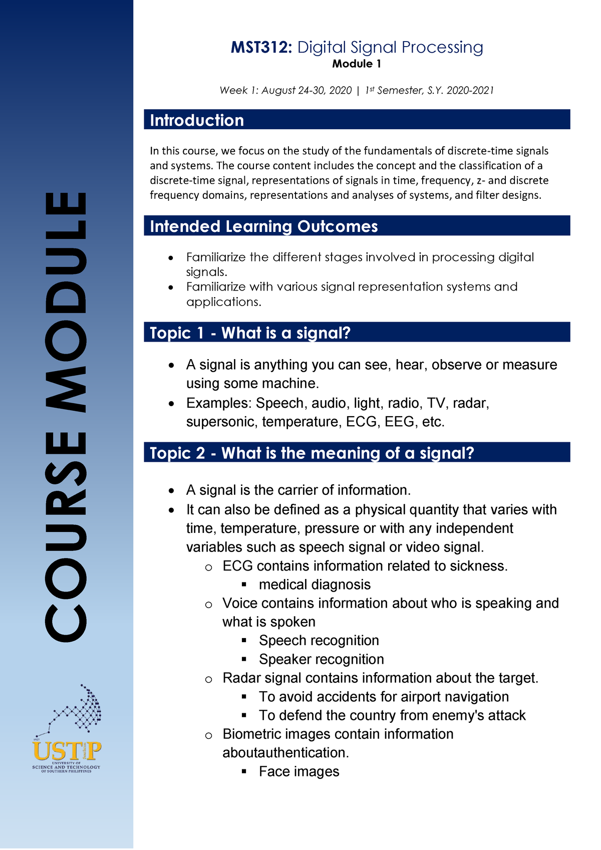 Week 1 - Introduction To Digital Signal Processing Part 1 Lecture Notes ...