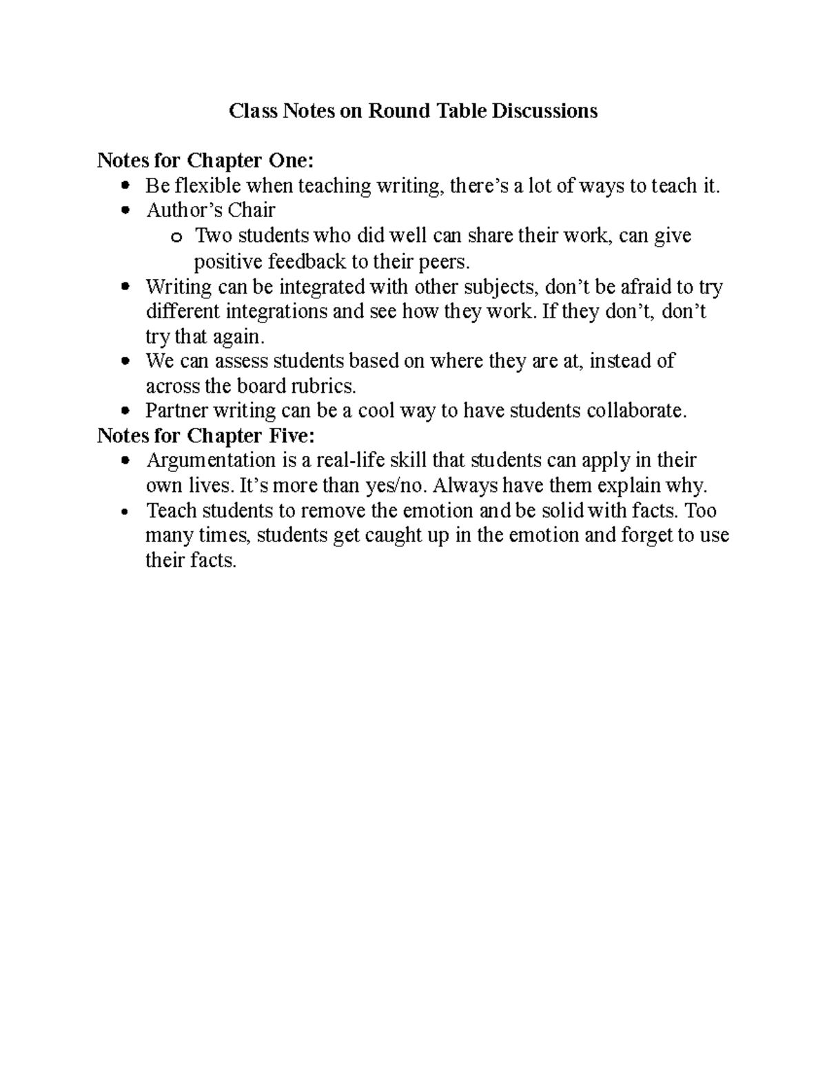 Class Notes on Round Table Discussions - Author’s Chair o Two students ...