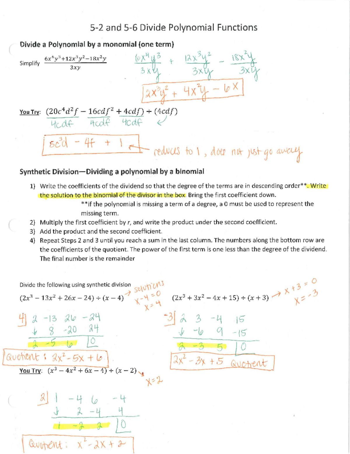 5-2 and 5-6 Divide Polynomial Functions Notes KEY - H ' ~o You Try: (x ...